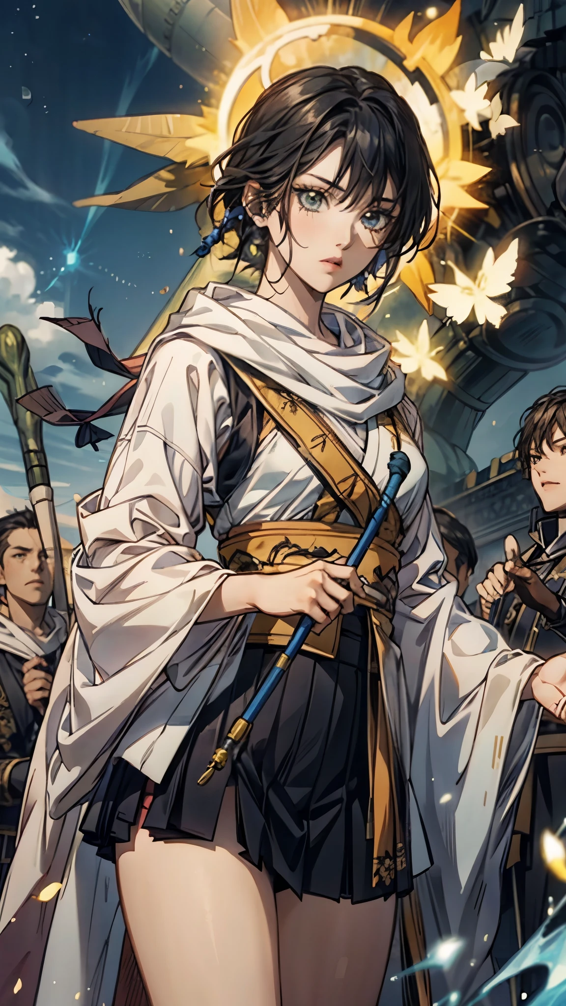 top quality, RPG Characters , Priest , looking at camera, Classy look , cold eyes, Details, black hair, short hair, , 1girl , Solemn, Red Eyeliner , black skirt,bangs, Thighs, Wizard-like clothes , Pretty bright blue clothes with yellow lines,Cane with ornaments,ドロップシャドウ, ソロ,