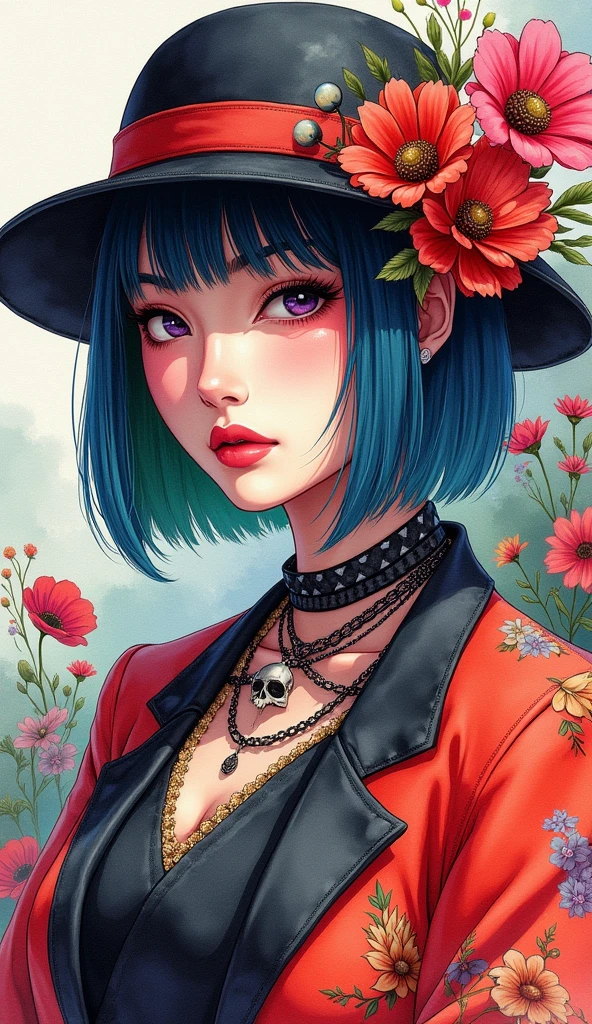 8K quality, watercolor painting, stylish design, (((The strongest beautiful girl of all time))), (((Japanese))), Fashionable hats, (((highest quality))), bob hair, HDR, ((Detailed details)), skull fashion, detailed clothing texture, (((graffiti art))), colorful hair, ((masterpiece))、((Super detailed))、colorful flowers
