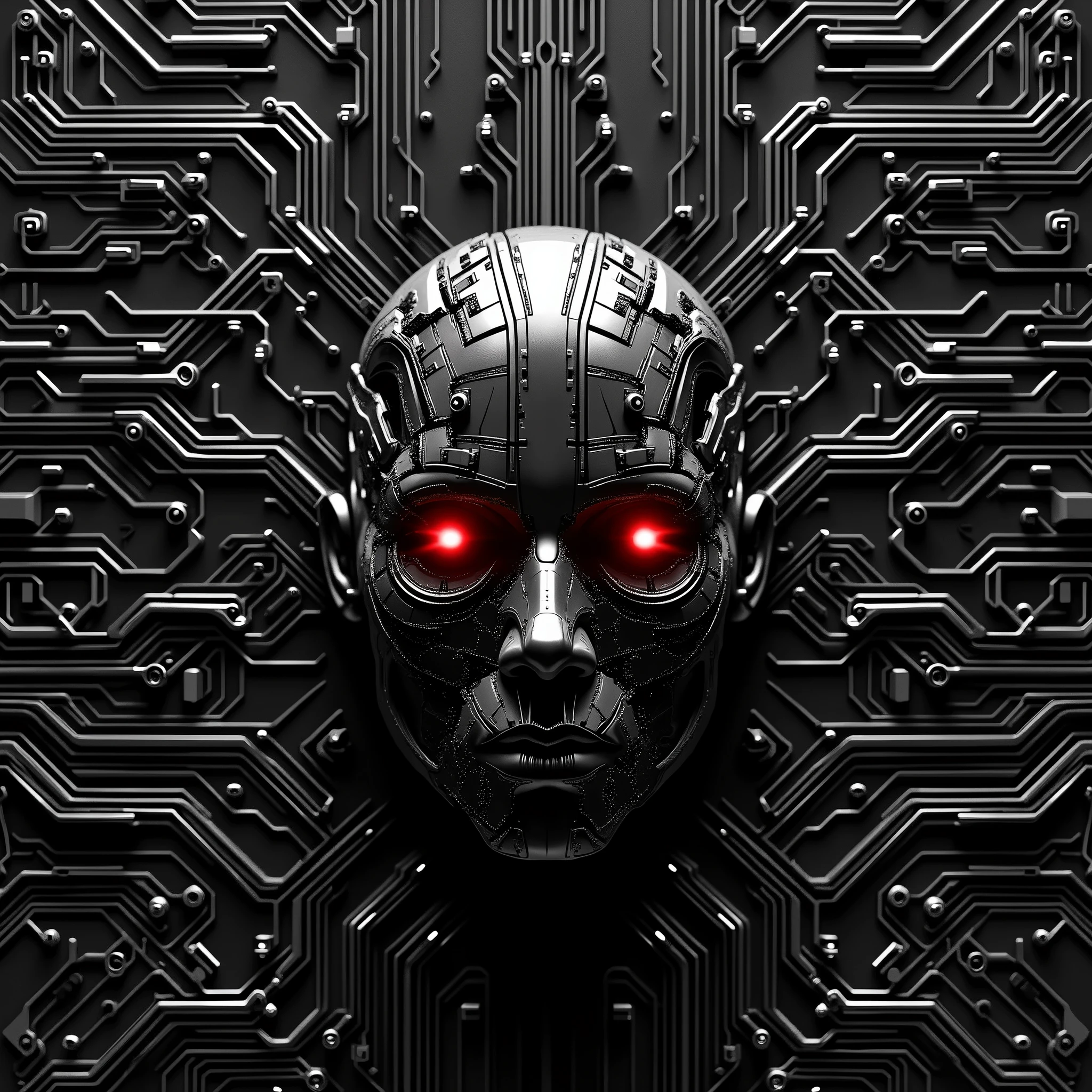 Album cover inspired by Gesaffelstein artwork , Ultra high-resolution black and white photo of a quantum computer circuit board as a cyborg head red laser beam eyes high details complex head very many details,  ultracomplex circuit board environment with microscopic compounds -n 9,  central empty space framed by dark-detailed circuits ,  nanoscopic fractal circuit automaton concentrated at the edges ,  hyper-detailed Borg microtechnology symmetrically arranged around the center ,  precise digital fine lines with text space ,  molecular interwoven circuits that omit a central focus point , nano-abstract-technical symmetry with empty center , cybernetic microinfrastructure ,  industrial high-end circuit architecture ,  fractal precision system design with perfectly mirrored geometry -n 9 ,  mathematically perfect digital symmetry , 