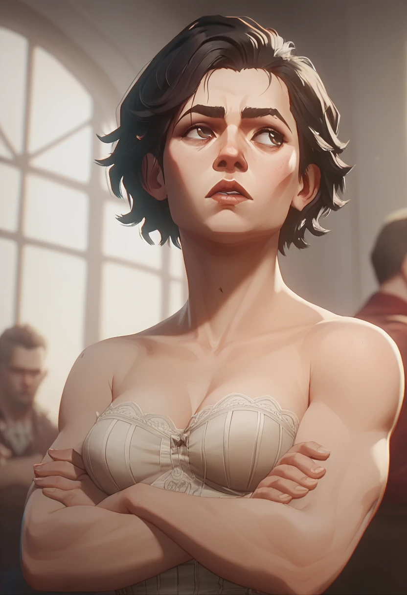  character design , arcane style,  A girl,  brown eyes,  black hair,  wavy hair,  detailed face ,  pretty face,  looking to the side ,  medium breasts,  crossed arms ,