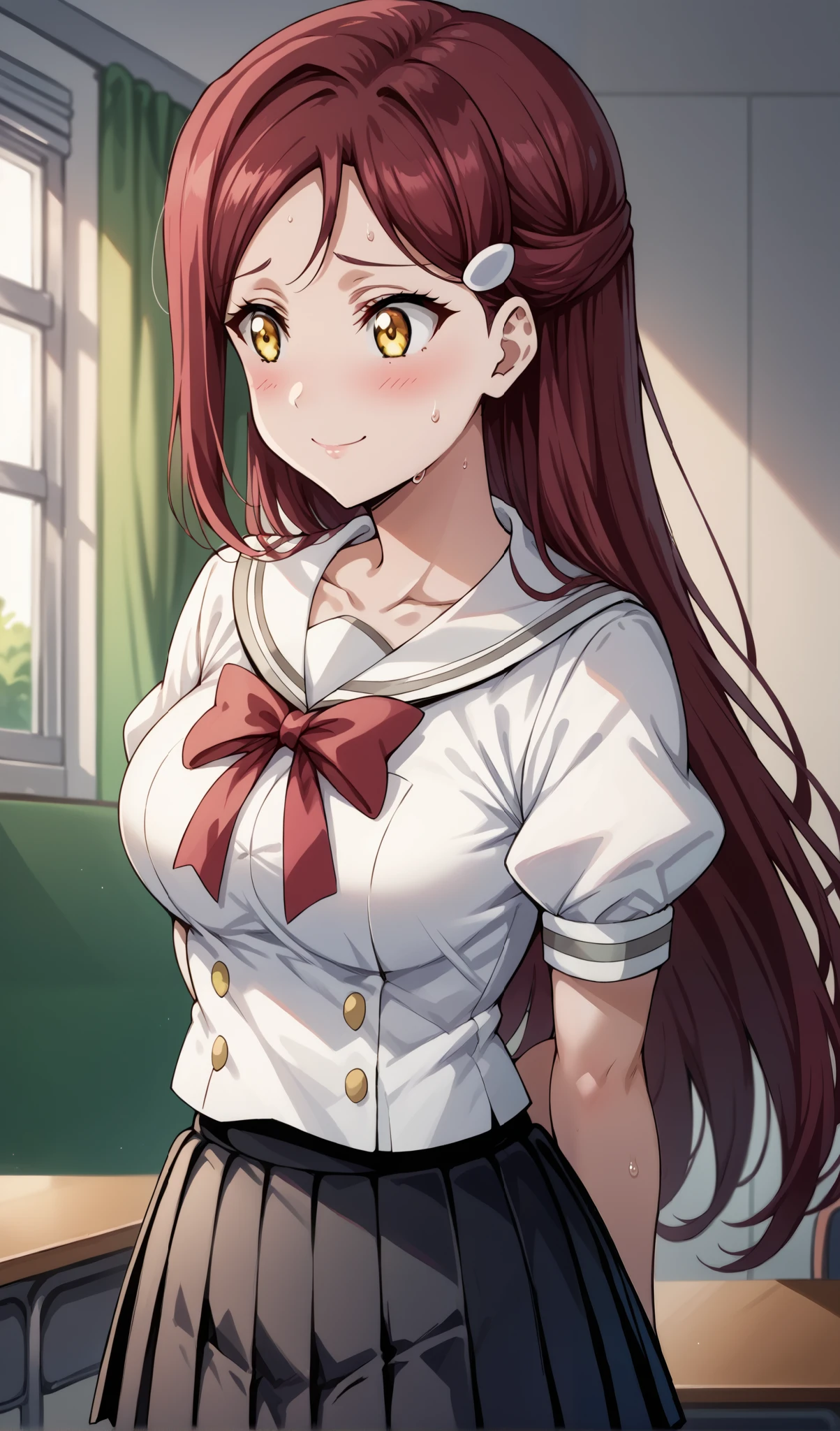 score_9, score_8_up, score_7_up, source_anime, 4K, perfect fingers,
riko sakurauchi, long hair, hair ornament, yellow eyes, red hair, hairclip,large breast, 
wearing ((collarbone, neck ribbon, red ribbon, white sailor collar, white shirt, puffy sleeves, short sleeves, school uniform, pleated skirt, black skirt)),,
nervous, nervous smile, blushing, looking to the side, sweat, indoors, bedroom,(Arms Behind Back),