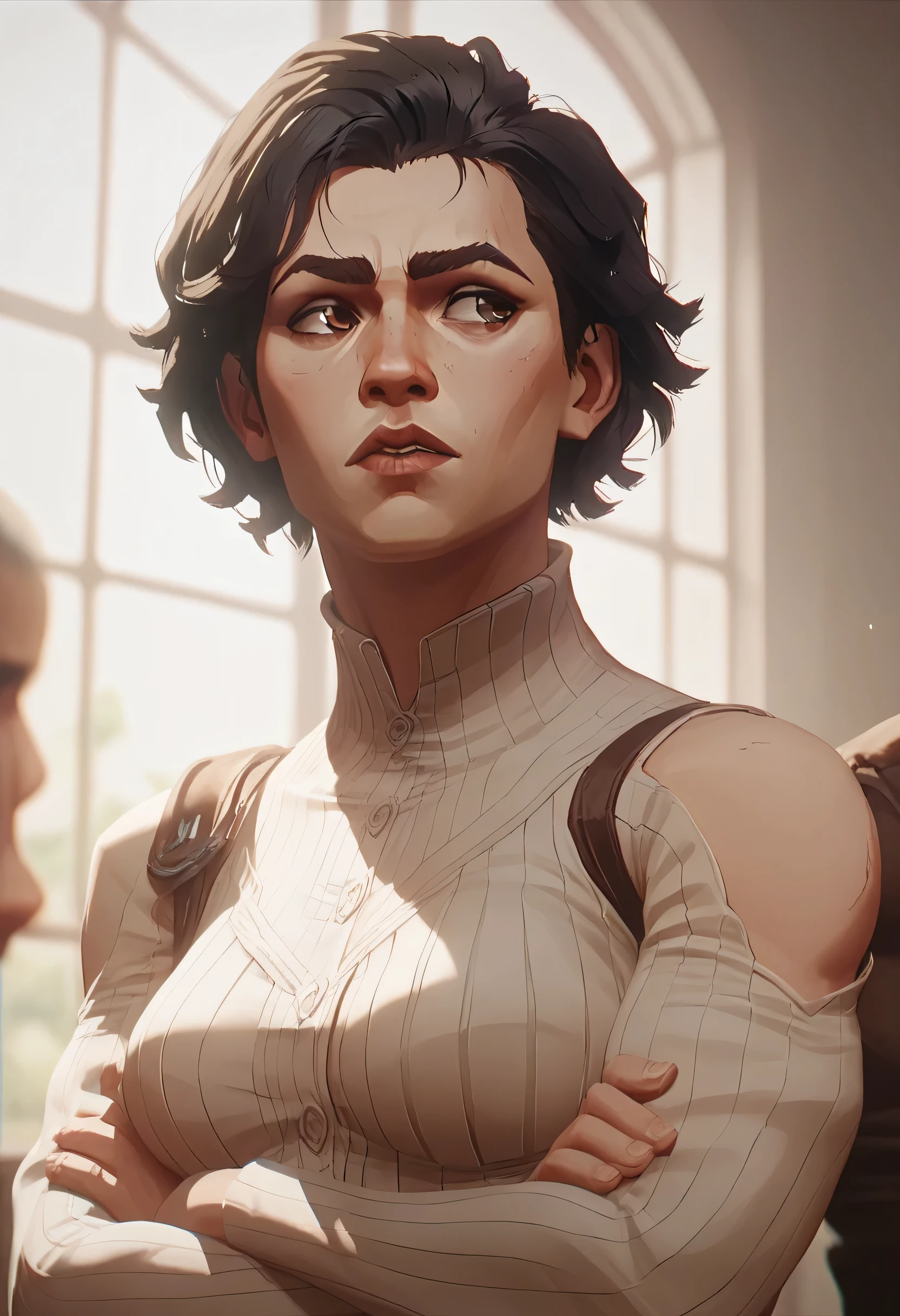 character design , arcane style, A girl, brown eyes, black hair, wavy hair, female face , pretty face, looking to the side , medium breasts, crossed arms , delicate