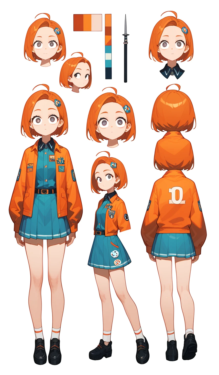 ( masterpiece ,  The best quality at its best: 1.2), Alone,  full body, forehead, character sheet, droopy eyes, a cool junior , legal, silent,  costume and disagree , mini-skirt,  high-quality anime art , character sheet, Character d