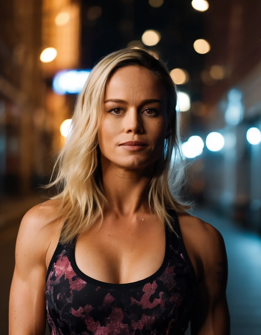 cinematic photo professional fashion close-up portrait photography of a beautiful  (((ohwx bodybuilder woman))) in the city at night, Nikon Z9, bokeh . 35mm photograph, film, bokeh, professional, 4k, highly detailed