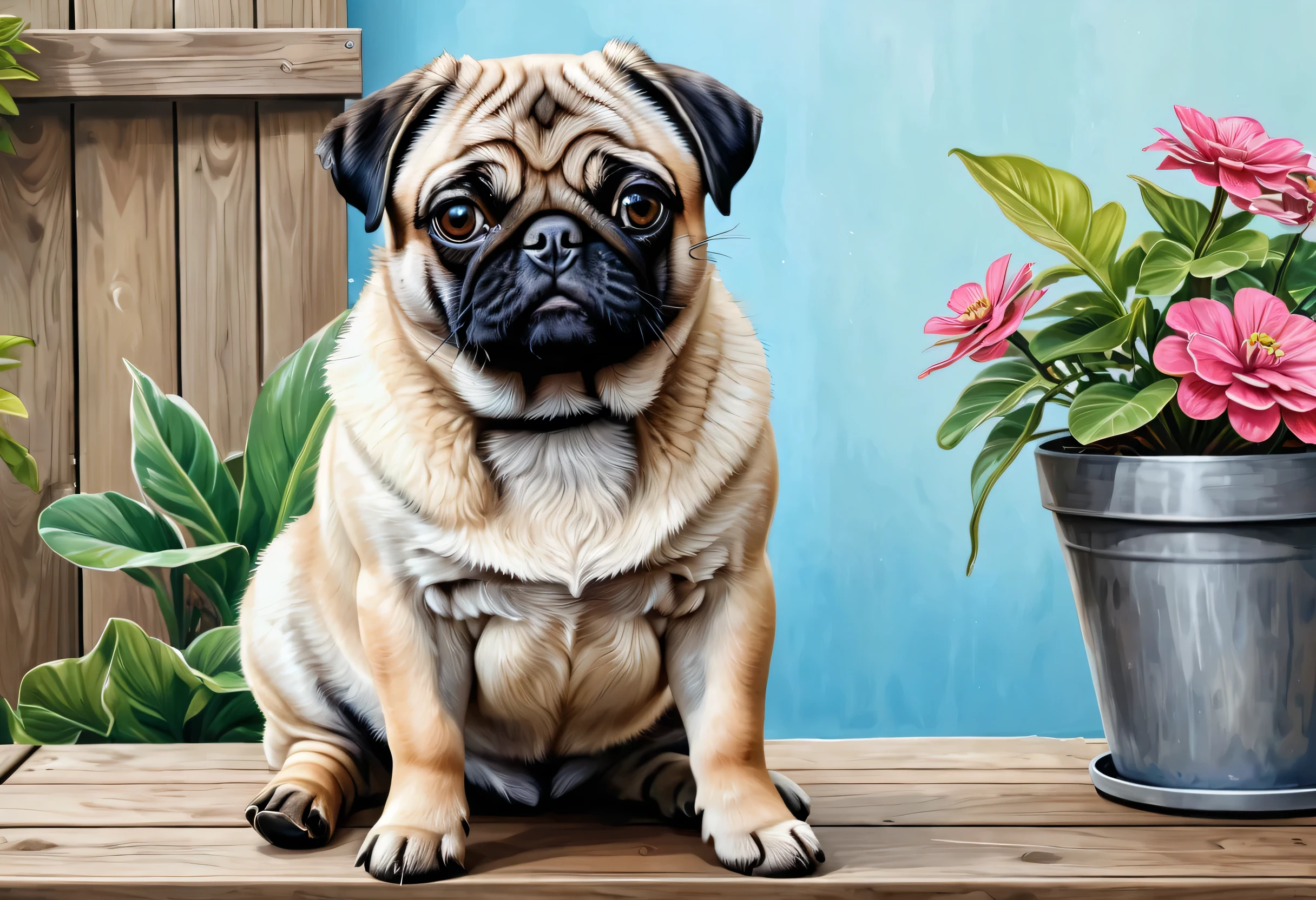 Picture of a pug dog sitting on a wooden deck with potted plants,   super realistic portrait , ultra Realistic illustration,  cute digital painting ,  Cute Dog Picture , Realistic illustration,  realistic style , ultraRealistic illustration, DIGITAL PAINT HIGH DEFINITION , realistic painting style, Detailed portrait,  ultra-realistic image ,  High Quality Portraits, photoRealistic illustration,   Photorealistic Art Style