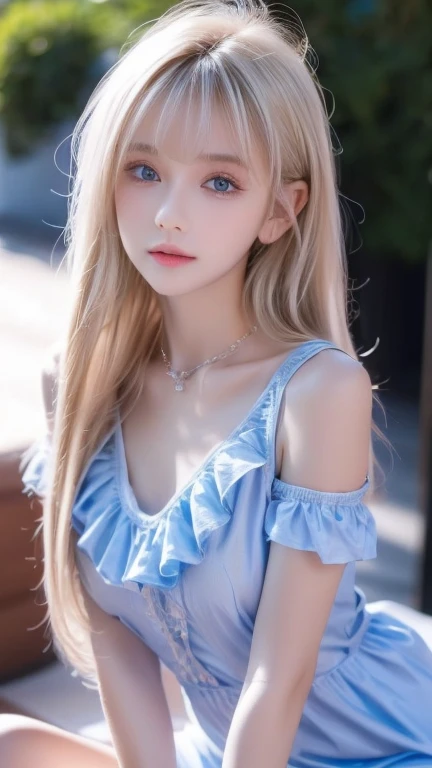 A beautiful platinum blonde girl who is extremely beautiful、( super detailed ),  light blue,(ruffle dress),(Short sleeve), upper body、 closeup 、Baby Face、Cute expression、,front, ,  teenage girl,No tail,(No tail),2D, masterpiece,  top quality , And soul, Detailed Eyes, Big ice blue eyes that shine so beautifully whitish and are extremely bright、Detailed face, With a girl, Only one person,目が覚めるような明るいBlondeの超長いスーパーロングプラチナヘア, (Blonde),  Ear hair, ,  single blade , ( single blade ), ( Side Blades ),  pink ribbon,  ribbon around her neck, (White sleeves), Background bokeh、 so beautiful beautiful beautiful girl in the world、Bangs between the eyes、Bangs above the face、Small Face Beauty、round face、