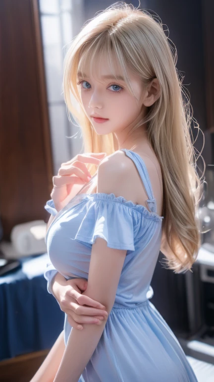 A beautiful platinum blonde girl who is extremely beautiful、( super detailed ),  light blue,(ruffle dress),(Short sleeve), upper body、 closeup 、、Cute expression、,front, ,  teenage girl,No tail,(No tail),2D, masterpiece,  top quality , And soul, Detailed Eyes, Big ice blue eyes that shine so beautifully whitish and are extremely bright、Detailed face, With a girl, Only one person,目が覚めるような明るいBlondeの超長いスーパーロングプラチナヘア, (Blonde),  Ear hair, ,  single blade , ( single blade ), ( Side Blades ),  pink ribbon,  ribbon around her neck, (White sleeves), Background bokeh、 so beautiful beautiful beautiful girl in the world、Bangs between the eyes、Bangs above the face、Small Face Beauty、round face、