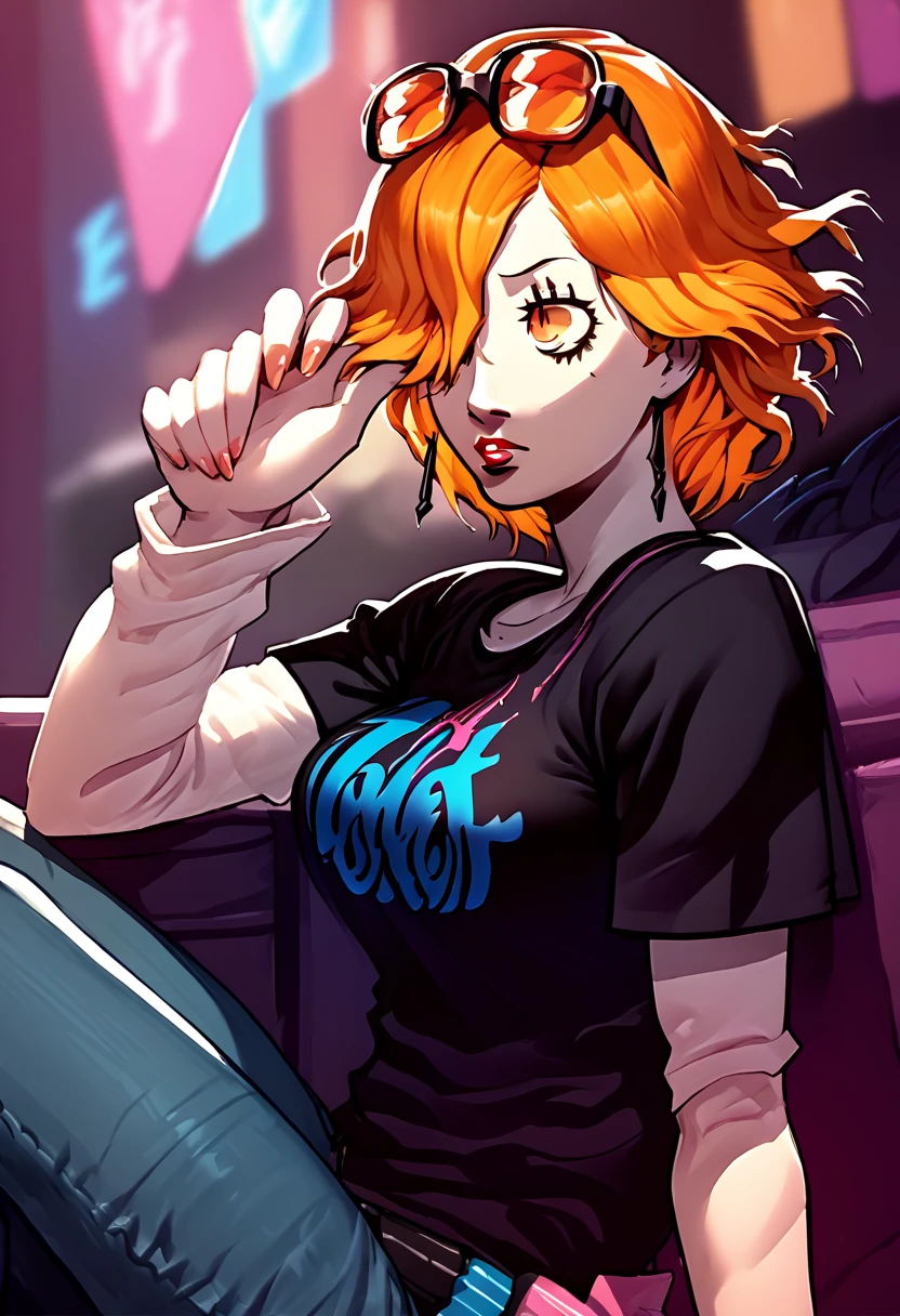 1 girl, sunglasses on head, lipstick, black t-shirt, clothes writing, layered sleeves, large breasts, jeans, Kronya, orange eyes, orange hair, hair over one eye, pale skin