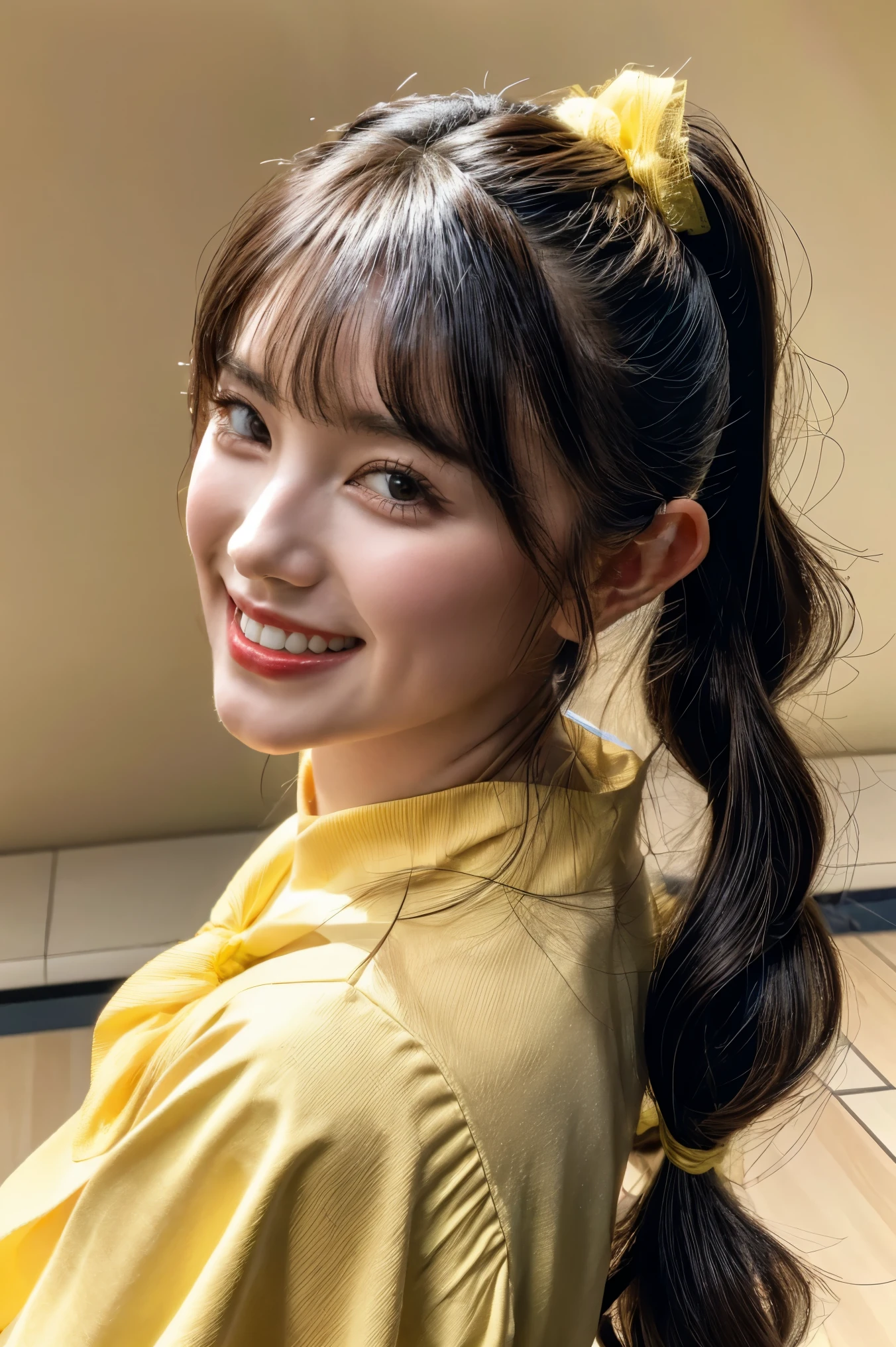 (realistic, photo-realistic:1.2), (masterpiece, best quality), high resolution photograph, extremely detailed, intricate details, sharp details, sharp focus, professional lighting, (portrait), solo, 1girl, a Japanese female idol, ((yellow clothes, idol costume)), dark hair, (pigtails hair, straight hair, hair scrunchie, blunt bangs:1.2), (detailed face, beautiful detailed eyes, sophisticated and detailed nose, beautiful pupils), ((cheerful grin, teeth out)), pale skin, fine-textured skin, (choker, jewelry), photo background, indoors, outdoors, blue sky and clouds,,,