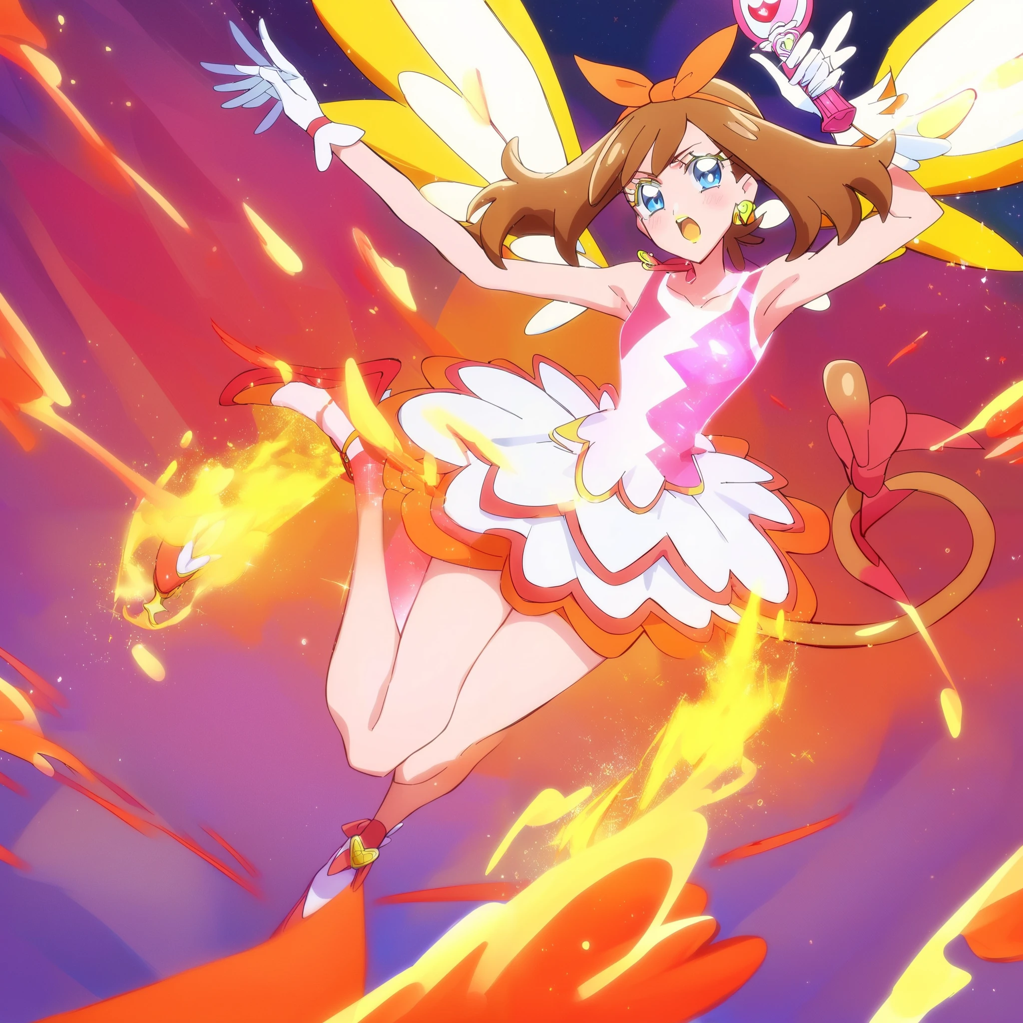 score_9,score_8_up,score_7_up,score_6_up,score_5_up,score_4_up, Wonderfulprecure, 1girl, solo, glowing body, open mouth, may/(pokemon/), sidelocks, brown hair, blue eyes,  holding, arm up, armpit rose blush pink eyes yellow lips Black hair dress gloves shoes hairpiece, and earring Topping Brilliant Cure Felice Simplified Dress Extra Wings, phoenix tail Red hair white mini-dress has bell flower orange bows big white wing-like clips beloved pair of blades 