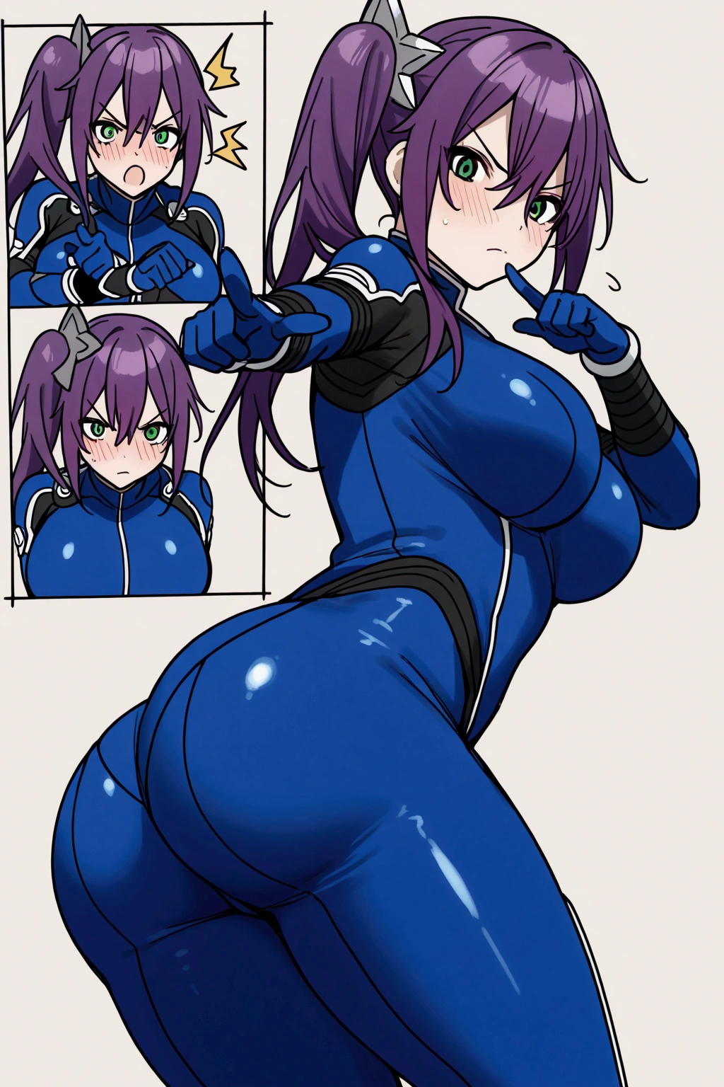 multiple views, pencil sketch,  alone, girl, Sagiri Ameno, green eyes, purple hair, big breasts, athletic, perfect butt, feminine thighs, side ponytail, ornamental shuriken, deep blue ninja bodysuit, focus on the shape of her vagina, kunai in her hand, angry, embarrassed, pointing finger at viewer, speaking prohibited +18, confident pose, simple background, perfect scene , Masterpiece, score 9, anime colors, sideways, AMERICAN SHOT, beautiful, composition, HARMONY, high quality, poster quality ,beautiful, feminine.