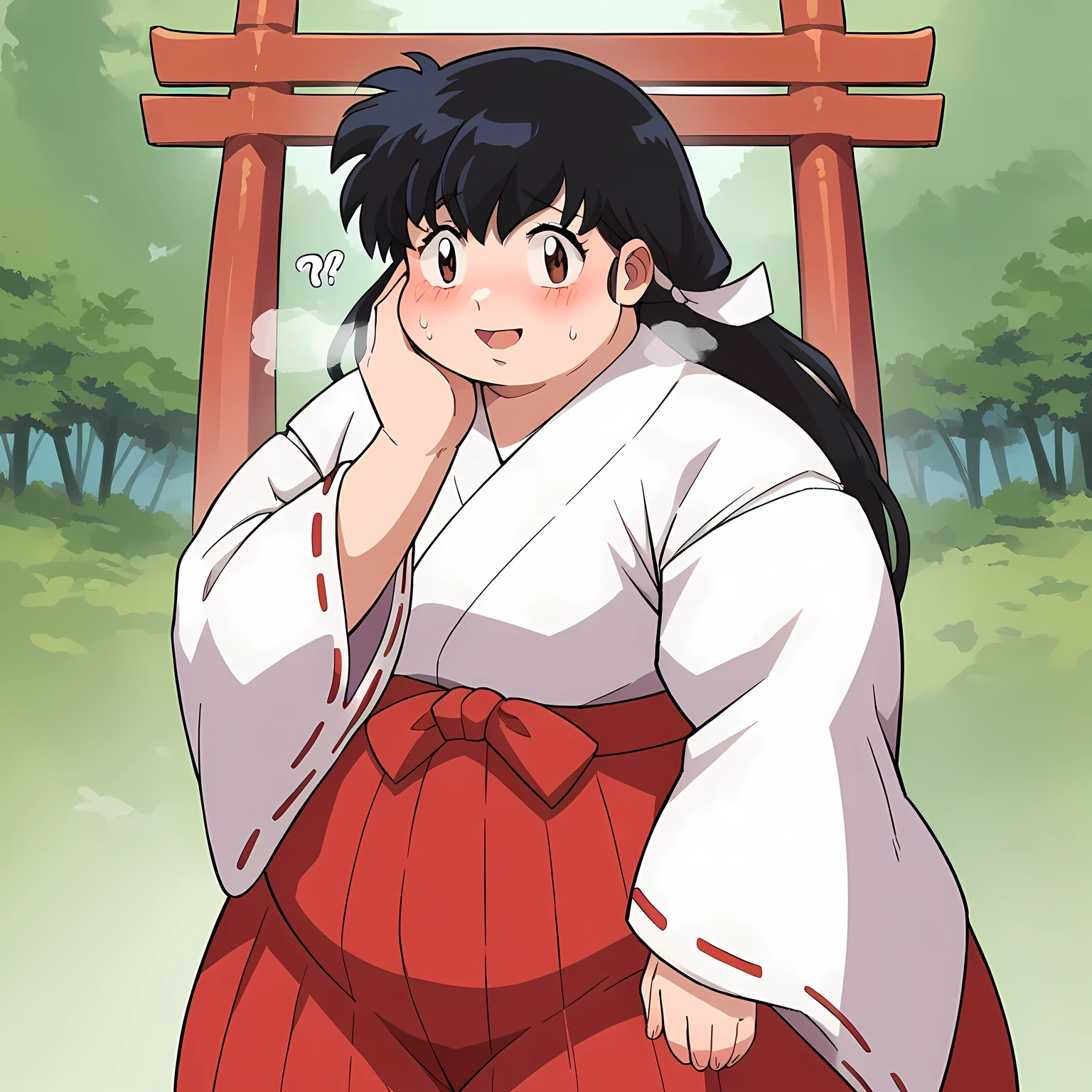 score_7, score_8_up, score_7_up, source_anime, 1girl, solo, looking at viewer, EPinKagome, black hair, brown eyes, long hair, detailed background, cowboy shot, japanese clothes, skirt, upperbody, ribbon-trimmed sleeves, hakama, hakama skirt, smile, miko, red hakama, long sleeves, ribbon trim, wide sleeves, miko, forest, torii, swollen face, fat, chubby, obese, open mouth, out of breath, absurdres, highres icon, rating:General, confused, blush, {flustered}, nervous sweating, portrait, pov hands, hand on another's cheek, averting eyes, [looking away], straight-on, from above,  upper body, masterpiece, best quality, ultra-detailed, high resolution, 8K, 