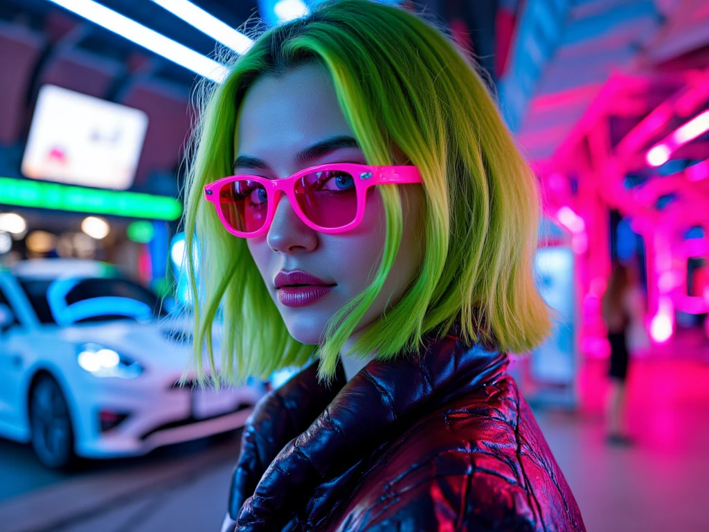 Women, Realistic character,  green hair with pink locks, Blue eyes, animated, alone, Modern, cyberpunk