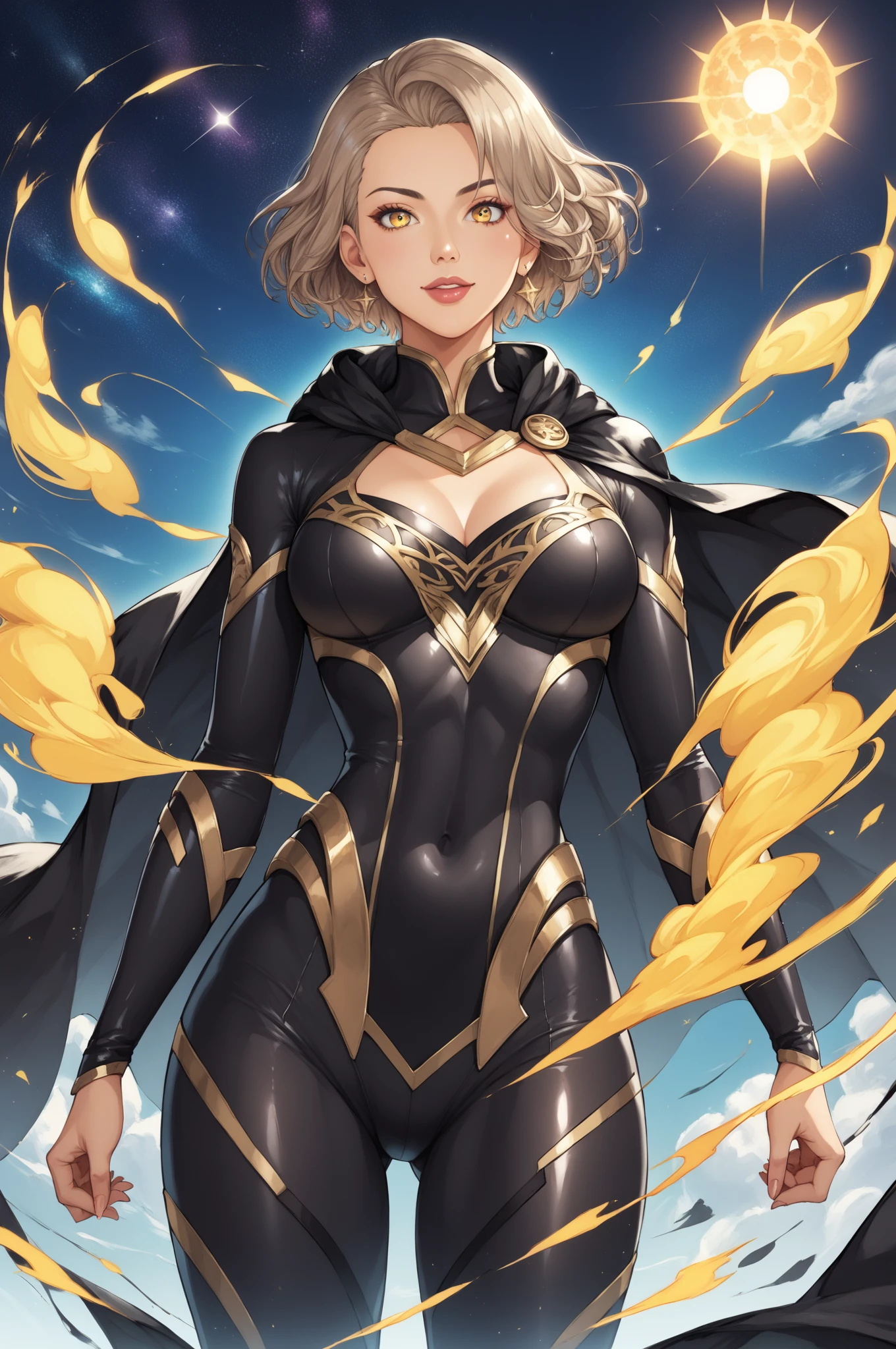 score_9, score_8_acima, score_7_acima, obra-prima, alta qualidade, QUEBRAR Super heroine, Latina with light brown skin, long short hair, bodysuit, yellow and black suit, black cape. sun symbol, yellow aura, galaxy
 