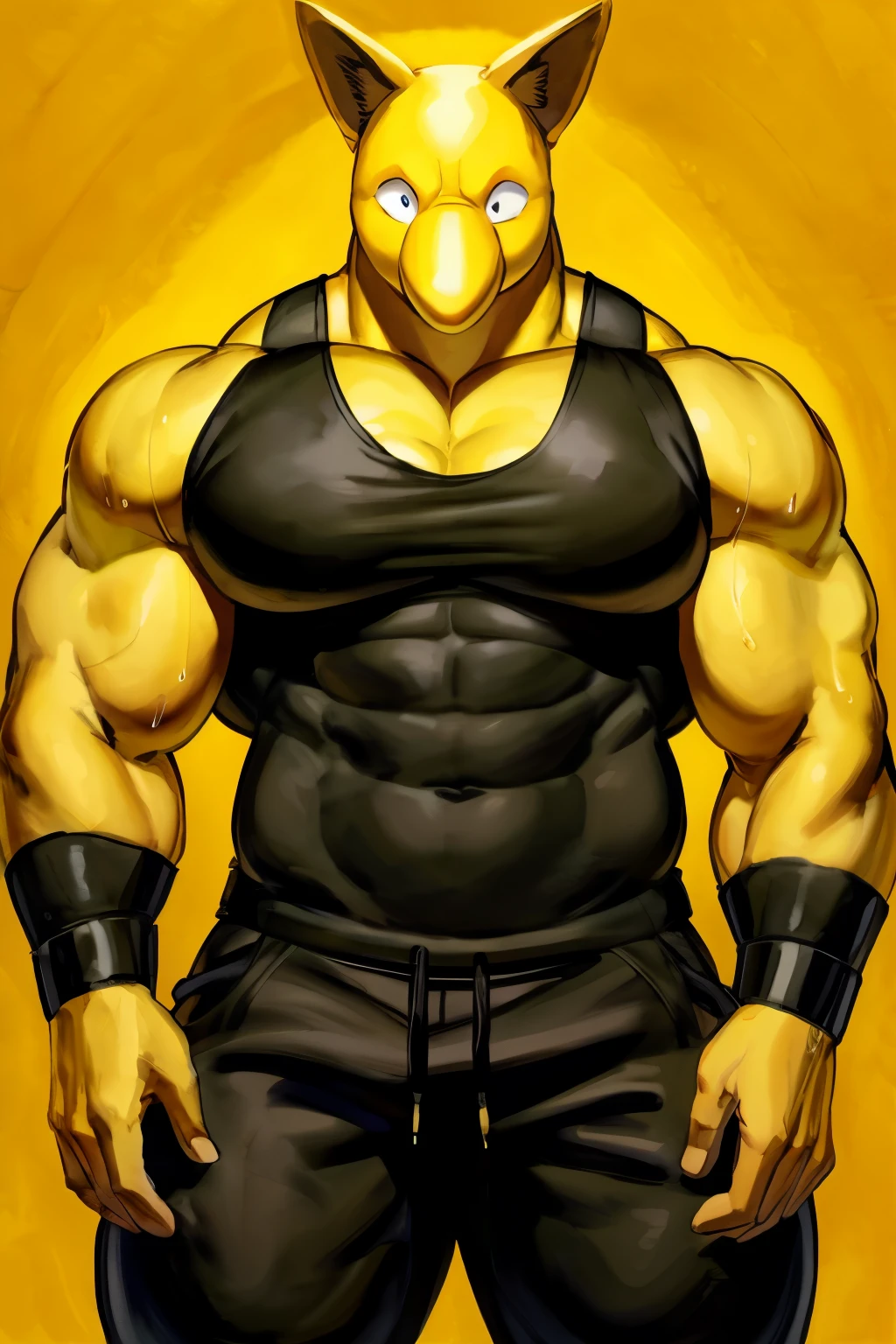Furry, Anthro, solo, Hypno, Male, (((muscular body, massive thighs, massive male pectorals, fluffy neck, yellow skin, wearing black tanktop, wearing black sweatpants))), ((((massive biceps)))), ((((((massive bulky torso, wide-eyed, head tilted, facing viewer)))))), naked, black/yellow spraypainted background, by buta99, by zackary911, by bebebebebe, (((digital painting)))