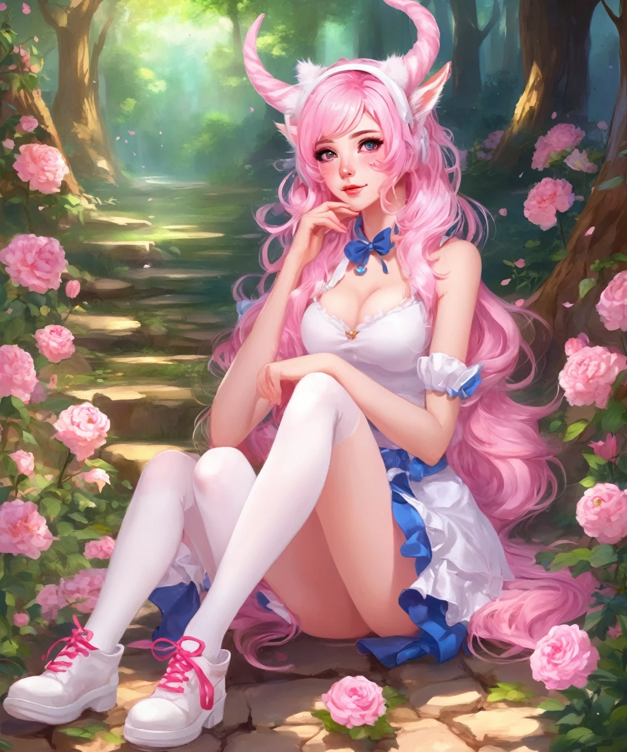 （tmasterpiece: 2.0，Best picture quality），（Ultra-fine eyes: 2.0），ph_REM，Remoud（1girll），A pink-haired，独奏，Four-leaf eye，x Headgear，Lace leg ornament，Bow knot，Long socks，lacepantyhose，Liquid socks，Mesh A-line skirt，Floral dress，Lolita shoes，full bodyesbian，Two hands，Two legs，Photo art，offcial art，faeries，Skysky，rays of sunshine，Peach Blossom Forest，peach blossom，SakuraNS。