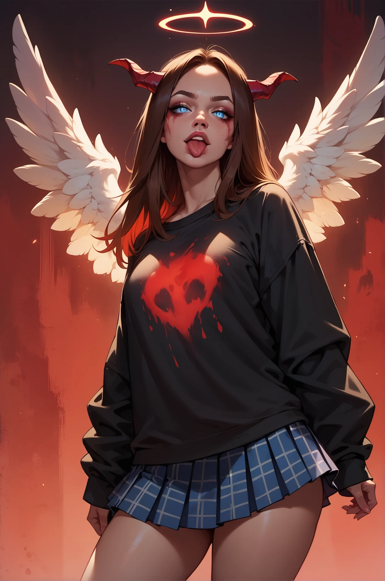 score_9, score_8_up, score_7_up, cartoon of a girl, solo, sexy, slutty, blue eyes, brown hair, straight hair, blue plaid pleated skirt, black oversized tshirt, small breast, thighs, sticking out her tongue, standing, red glowing, little angel wings, little red horns, red grunge background