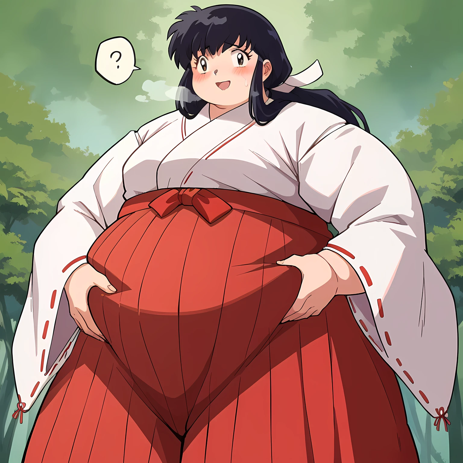 score_7, score_8_up, score_7_up, source_anime, 1girl, solo, looking at viewer, EPinKagome, black hair, brown eyes, long hair, detailed background, cowboy shot, japanese clothes, skirt, upperbody, ribbon-trimmed sleeves, hakama, hakama skirt, smile, miko, red hakama, long sleeves, ribbon trim, wide sleeves, miko, forest, torii, bulging belly, fat, chubby, obese, open mouth, out of breath, absurdres, highres icon, rating:General, confused, blush, {flustered}, nervous sweating, portrait, pov hands, hand on another's belly, averting eyes, [looking away], straight-on, from below, swollen face, masterpiece, best quality, ultra-detailed, high resolution, 8K, 