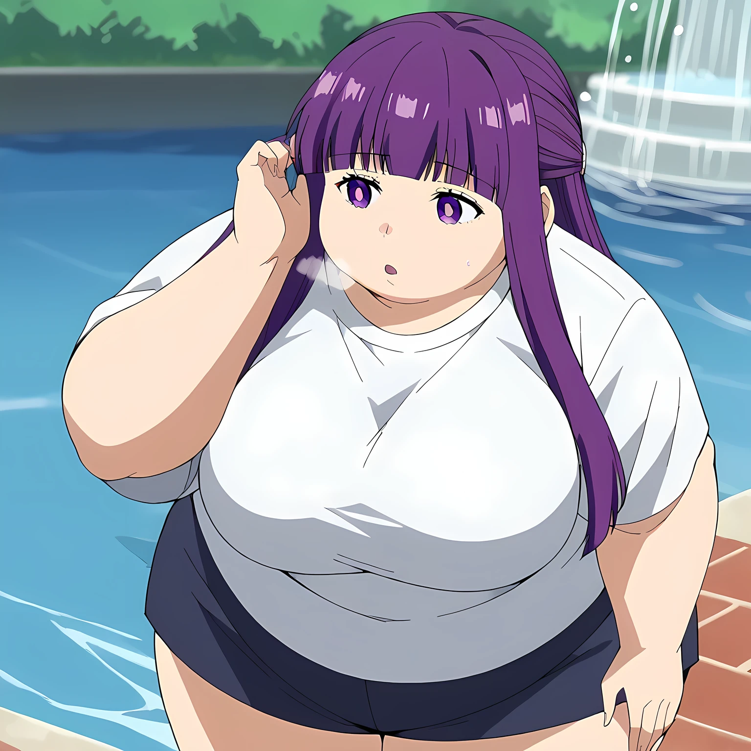 score_9, score_8_up, score_7_up, source_anime, fern, long hair, bangs, purple eyes, purple hair, sidelocks, blunt bangs, bright pupils, half updo, large breasts, anime screencap, drinking fountain, faucet, drinking, fountain, water, water drop,, gym uniform, gym shirt, gym shorts, bent, leaning forward, tucking hair, adjusting hair, hand on own hair, hair behind ear,, cowboy shot,, , dutch angle, cowboy shot fat, chubby, obese, gigantic arms and legs, large breasts open mouth, out of breath