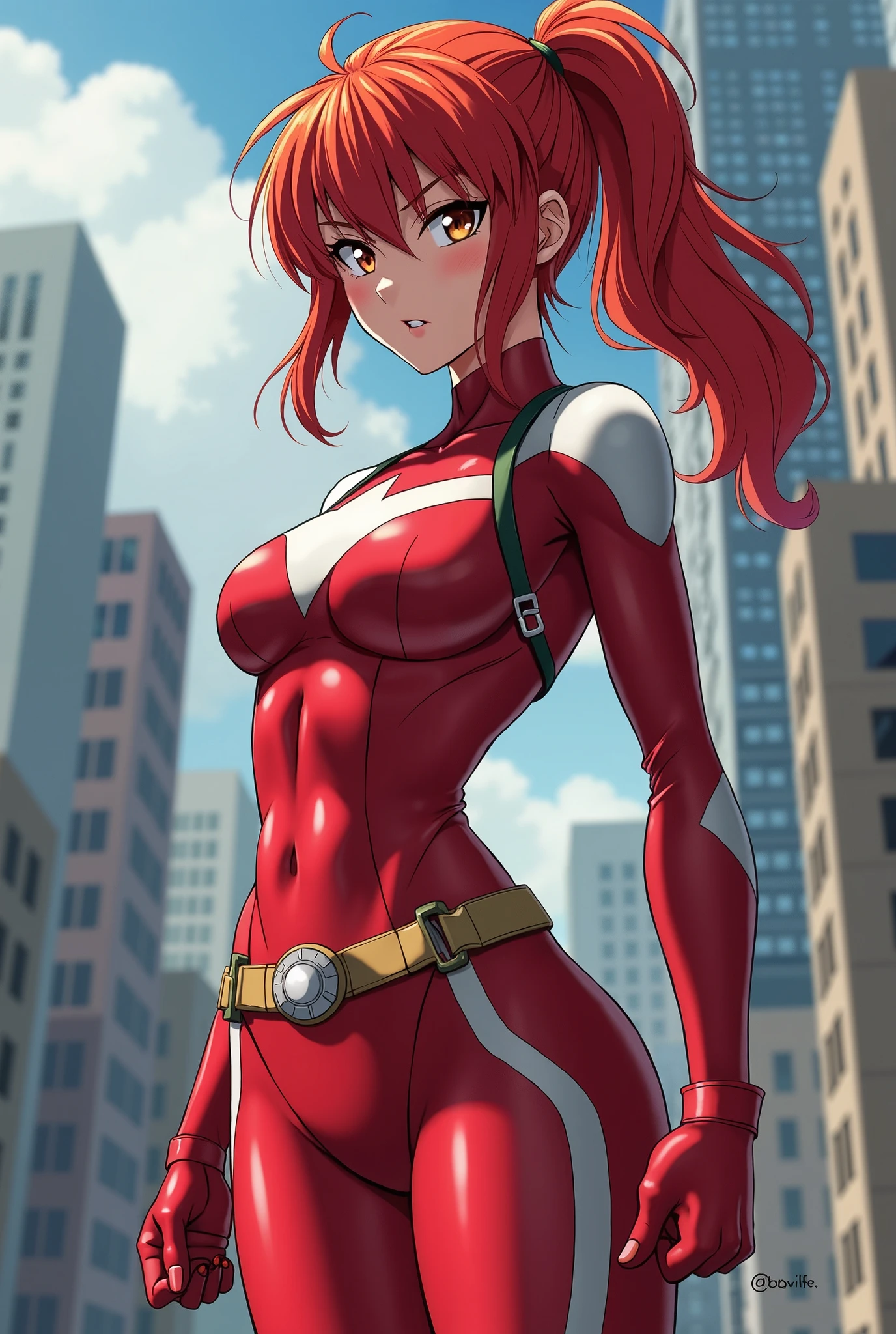 1girl, medium breasts, leotard, red leotard with blue accents, bare legs, boots, matching boots, bracelets, city backdrop, solo, single, standing, full body shot, cowboy shot, beautiful detailed eyes, blue eyes, mature lady, red hair, medium hair, superhero