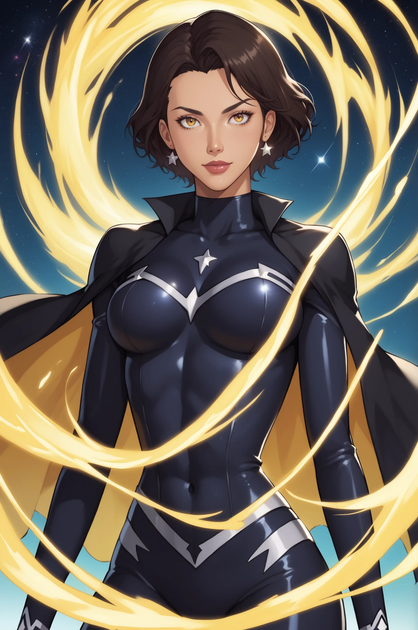 score_9, score_8_acima, score_7_acima, obra-prima, alta qualidade, QUEBRAR
Super heroine, Latina with light brown skin, long short hair, bodysuit, yellow and black suit, black cape. sun symbol, yellow aura, galaxy