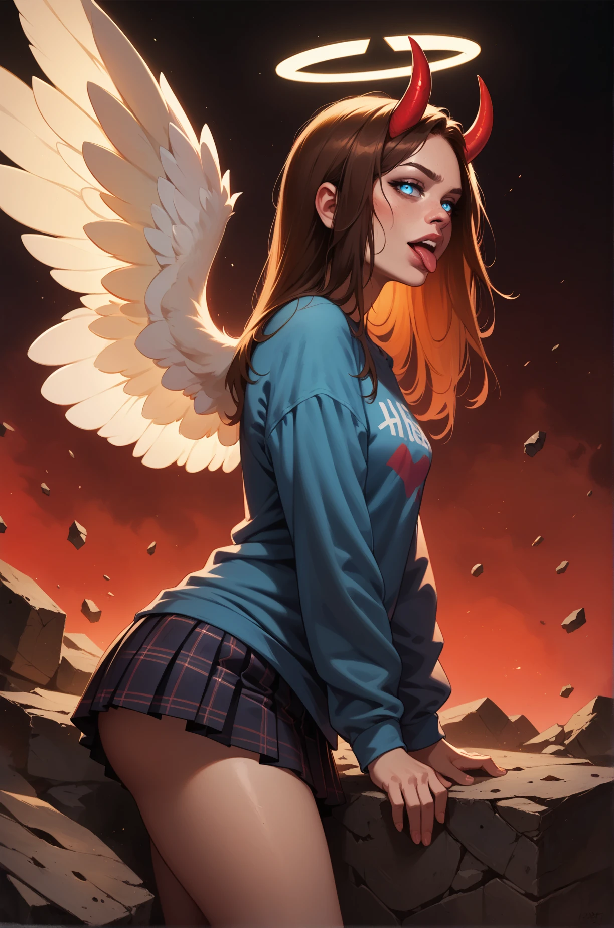 score_9, score_8_up, score_7_up, cartoon of a girl, solo, sexy, slutty, blue eyes, brown hair, straight hair, blue plaid pleated skirt, black oversized tshirt, small breast, thighs, sticking out her tongue, standing, red glowing, little angel wings, little red horns, standing on a pile of rubble, atmospheric lighting, moody and gritty, bright red background, simple background