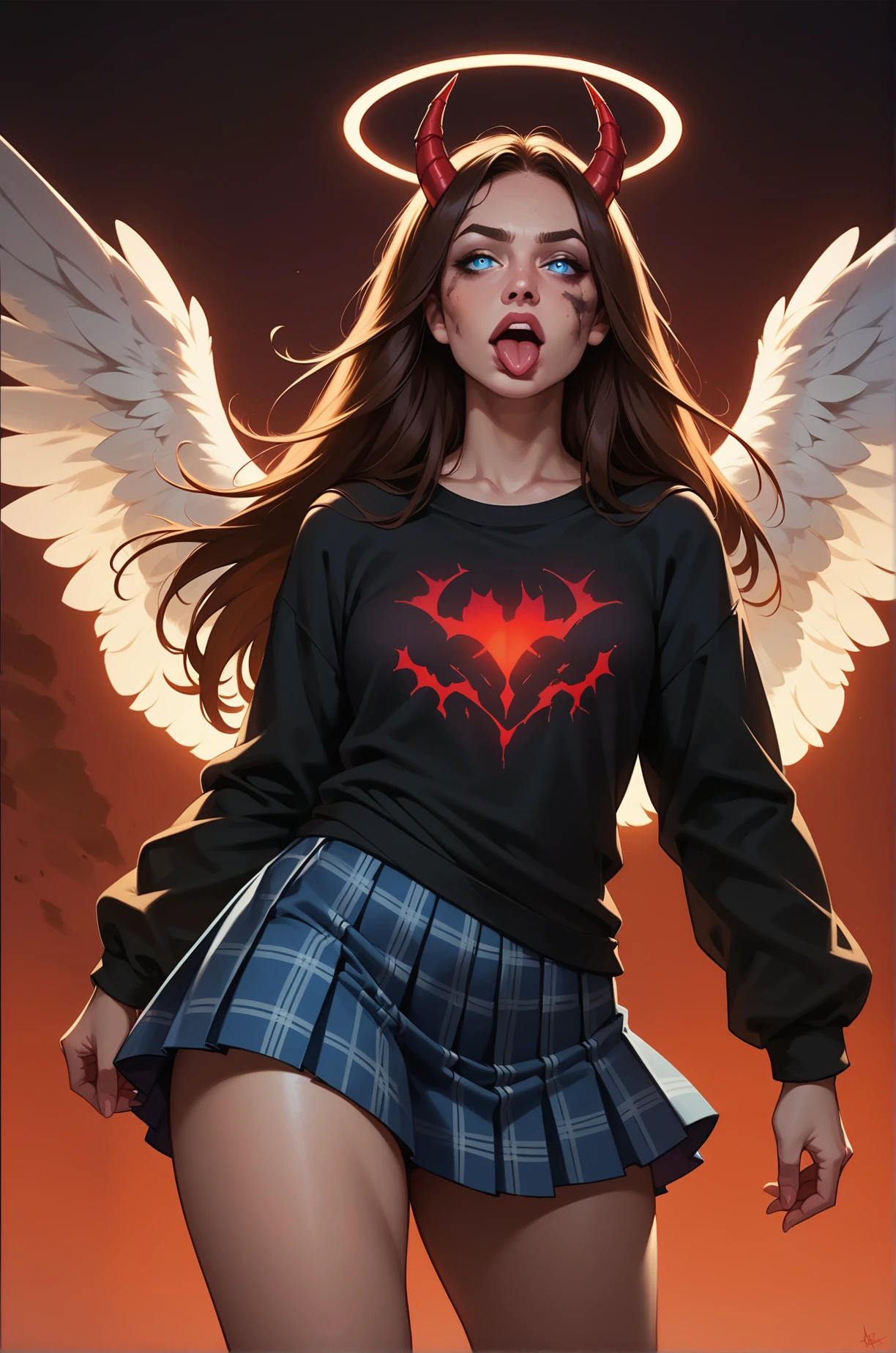 score_9, score_8_up, score_7_up, cartoon of a girl, solo, sexy, slutty, blue eyes, brown hair, straight hair, blue plaid pleated skirt, black oversized tshirt, small breast, thighs, sticking out her tongue, standing, red glowing, little angel wings, little red horns, standing on a pile of rubble, atmospheric lighting, moody and gritty, bright red background, simple background