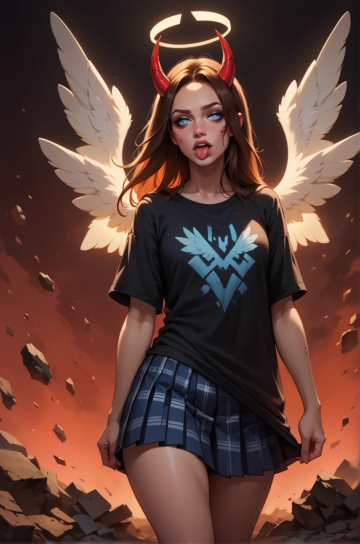 score_9, score_8_up, score_7_up, cartoon of a girl, solo, sexy, slutty, blue eyes, brown hair, straight hair, blue plaid pleated skirt, black oversized tshirt, small breast, thighs, sticking out her tongue, standing, red glowing, little angel wings, little red horns, standing on a pile of rubble, atmospheric lighting, moody and gritty, bright red background, simple background