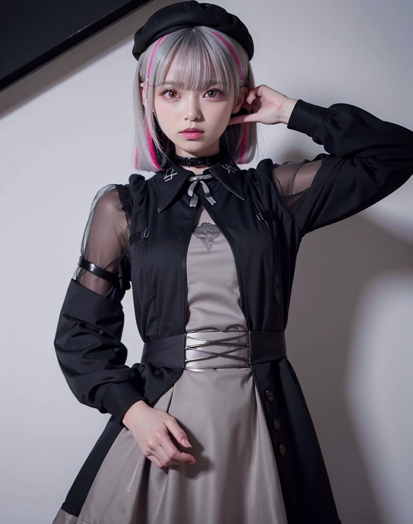 top-quality, 8k,  ultra-detailed , masutepiece, Best Quality, 超A high resolution, top-quality, aasena,  multicolored hair, hair ornament, head wings, beret,, black choker, black dress, clothing cutout, long sleeves、1人の女の子