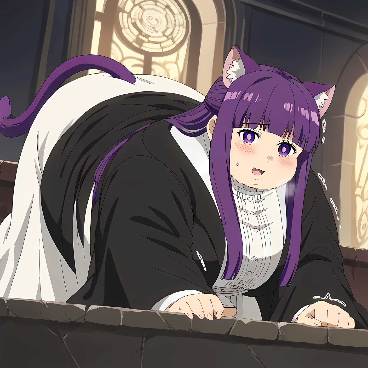 score_9, score_8_up, score_7_up, source_anime, fern, long hair, bangs, purple eyes, purple hair, sidelocks, blunt bangs, bright pupils, half updo, large breasts, anime screencap, long sleeves, dress, white dress, long dress, robe, black robe,, Buildings, architecture, man made, urban, interior, smile, cat stretch, stretching, top-down bottom-up, all fours, arched back, , cat tail, animal ears, tail ears, trembling,, looking at viewer, solo,, dutch angle, cowboy shot bulging belly, fat, chubby, obese, open mouth, out of breath, absurdres, highres icon, rating:General, confused, blush, {flustered}, nervous sweating, portrait, pov hands, hand on another's belly, averting eyes, [looking away], straight-on, from below, swollen face, masterpiece, best quality, ultra-detailed, high resolution, 8K, 