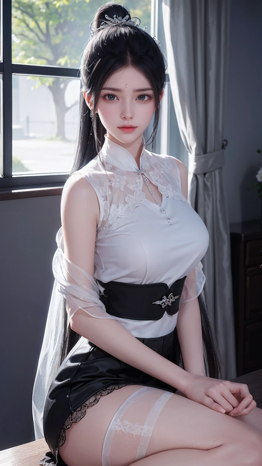 A black hair、Close-up of miss wearing white mask, Beautiful character painting, Gu Weiss, Gurwitz-style artwork, Trance, author:Yang Jie, Epic and beautiful character art, Stunning character art, author:Fan Qi, by Wuzhun Shifan, pixiv Art Street Guviz, Black long hair, insult, Tall and big, Long legs, (Sleeveless lace shirt), (shorts), (Striped )), ((Striped )), Walk, elegant, dignified, miss, Beautiful curves, sweet smile, Strong sense of detail and layering, Rich and colorful color, Has a unique texture, rich and colorful, color, vivid, Design Art, 16K, Very detailed, {{illustration}}, {Extremely refined}, {Exquisite surface treatment}, Very detailed, Delicate and shining eyes, {{Light}}, 极致灯Light效果, Model: realism, CFG size: 12, Laura: Bright texture (1.35), high quality, masterpiece, Exquisite facial features, Delicate hair depiction, Detailed depiction of the eyes, masterpiece, best quality, Light line tracing, Extremely detailed CG unified 8k wallpaper, masterpiece, best quality, (1 girl), Perfect body, (((tight white t shirt))), beautiful eyes, (Delicate face), Black long hair, Loose hair, Light blue hairpin, in class, (White skin), (Optimal Lighting), (Super intricate details), 4K Unified, (Very detailed CG), Showing off her white legs, , Hot Pants, shorts,性感Long legs, Thin waist, Sweat is running down my waist, Showing belly, Extremely detailed depiction, Transparent clothes, Hands on thighs, 把目Light移开, 8k resolution, Raise an eyebrow, Shiny hair, flower head, Wristband, bandage,Leather sexy pose, simple grey background, Climbing towards the audience, Kitten pose, Get on all fours,