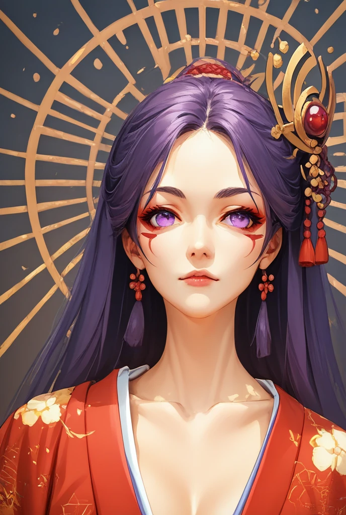 Sexy geisha with traditional hairstyle wearing a beautiful kimono with purple eyes with red eyeliner and ornaments on her standing hair looking at the spectator with her clothes open up to the part of the pet navel