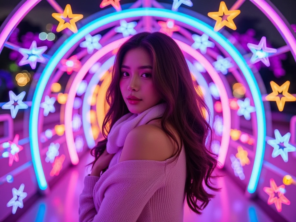 "A hyper-realistic and futuristic tunnel adorned with intricate glowing arches and patterns, illuminated by vibrant neon lights in shades of pink, blue, purple, and orange. The tunnel creates a mesmerizing light display with star-like and geometric patterns, reflecting vividly onto a polished, reflective floor. The atmosphere is immersive and magical, surrounded by a dark night sky with hints of distant city lights. The symmetrical perspective draws the viewer's eye toward the tunnel's center, enhancing its stunning and otherworldly appearance."


   masterpiece, Medium , About 26-30 years old  , , sharp eyes  ,     long brown hair curly   ,   image, perfect shape with a scarf ,  gentle smile  ,  Look at the camera ,} cherry blossom    , cold wind ,     Calm Face    ,    Beauty and serenity  ,  Nature inspiration    , Romantic,  beautiful picture  ,     Detailsสูง,      Sexy Lingerie And Stockings    image,  Sexy Lingerie And Stockings   ,   Good light  ,      professional photos  ,  Details, raw, analog, Sharp focus, 8k, HD, ,     high quality    , Porta 160 color,  Fuji Film XT3    , Winner   ,    pretty blue eyes   , Good hands,      , good nail.