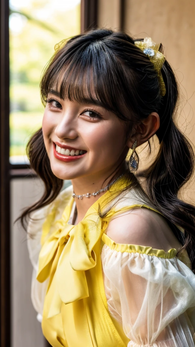 (realistic, photo-realistic:1.2), (masterpiece, best quality), high resolution photograph, extremely detailed, intricate details, sharp details, sharp focus, professional lighting, solo, 1girl, a Japanese female idol, (princess dress, frilly yellow dress, puff sleeves, yellow ribbon), (dark hair, shiny hair, pigtails hair, straight hair, blunt bangs, hair scrunchie:1.2), (detailed face, beautiful detailed eyes, sophisticated and detailed nose, beautiful pupils), ((cheerful grin, teeth out)), pale skin, fine-textured skin, (choker, jewelry), posing for gravure photography, dynamic pose with movement, photo background, indoors, outdoors, blue sky and clouds,,,