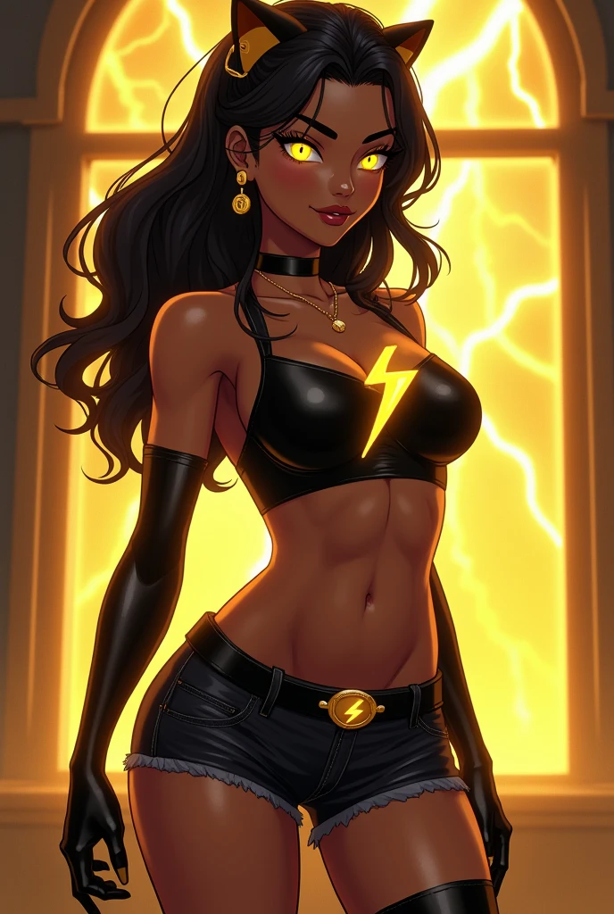 Meru the succubus, pele vermelha, um pouco cheinha, olhos amarelos brilhantes, iris of the eye is yellow and bright, dois pequenos chifres vermelhos com listras em vermelho escuro, cabelo preto com franja reta, ((orelhas pontiagudas)), orelhas de elfa, sorriso mostrando os dentes brancos, top preto, shorts preto, warm lighting, luzes de neon,