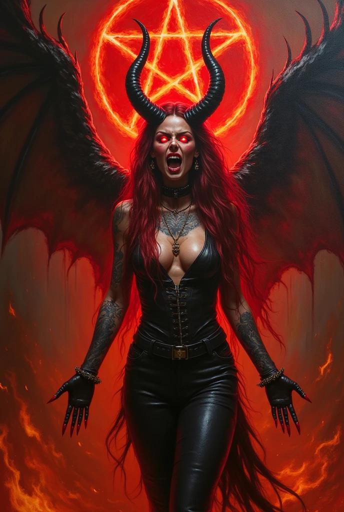 a comic fantasy art of a female devil wearing black leather jacket that has "Devil's Angel" written on it ((full body: 1.5)), exotic beautiful female devil((anatomically correct: 1.5), (ultra detailed face: 1.2), best detailed face, ((red skin: 1.5)), ((fiery glowing eyes: 1.3)), busty, black bat wings, ((black leather jacket: 1.5)), intricate leather jacket, loose leather jacket, glam leather jacket, jacket on fire has (("Devil's Angel" written on it: 1.5), wearing ((white silk dress: 1.5)), intricate dress, glamour dress, wearing high heeled boots, catholic church background, vibrant, Hyperrealism style, vibrant, Ultra-high resolution, High Contrast, (masterpiece:1.5), highest quality, Best aesthetics), best details, best quality, highres, ultra wide angle, 16k, [ultra detailed], masterpiece, best quality, (extremely detailed) RAW (((NSFW: 1.5)))