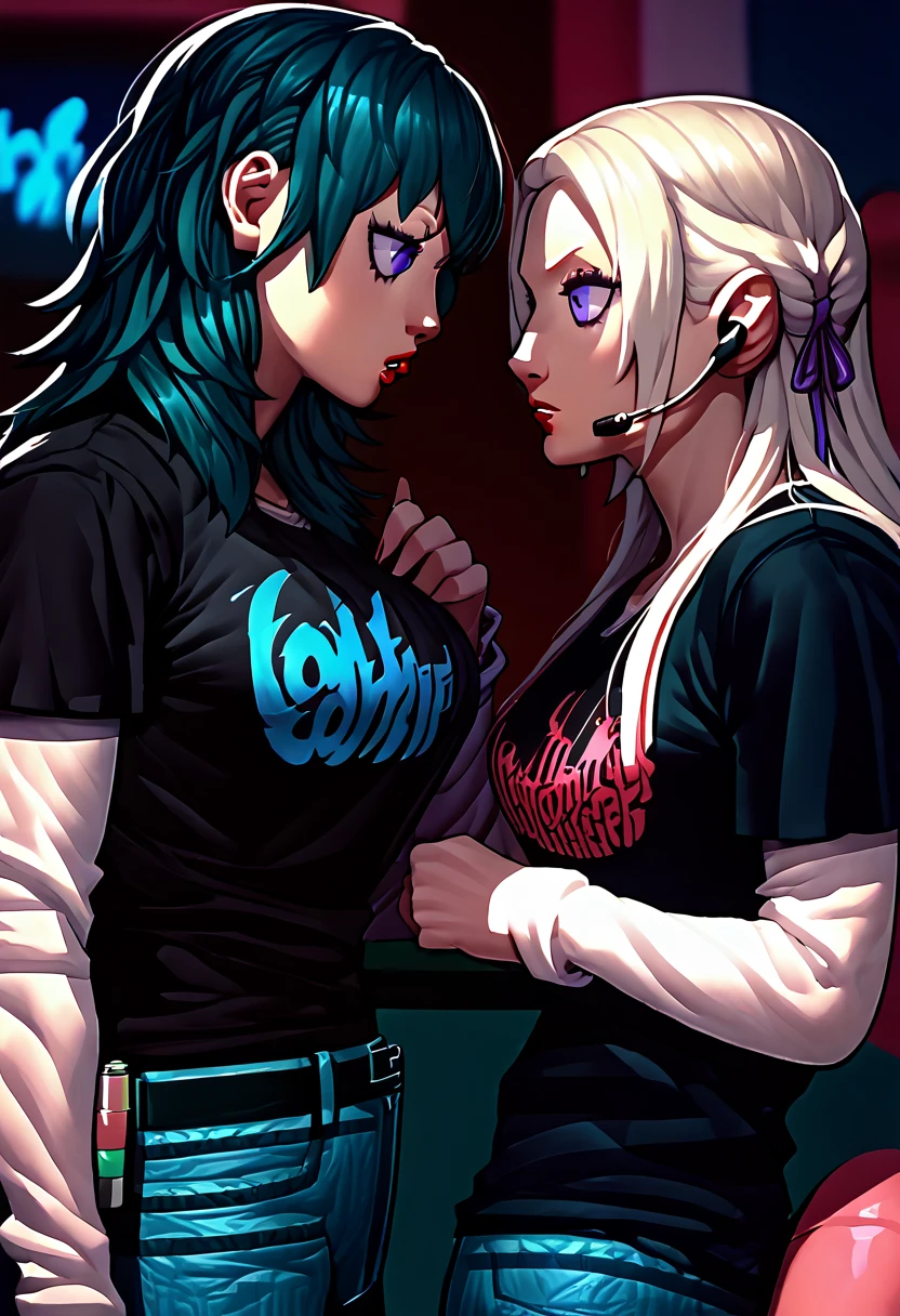 2 girls, lipstick, black t-shirt, clothes writing, layered sleeves, large breasts, jeans, academy Edelgard, Byleth, headset