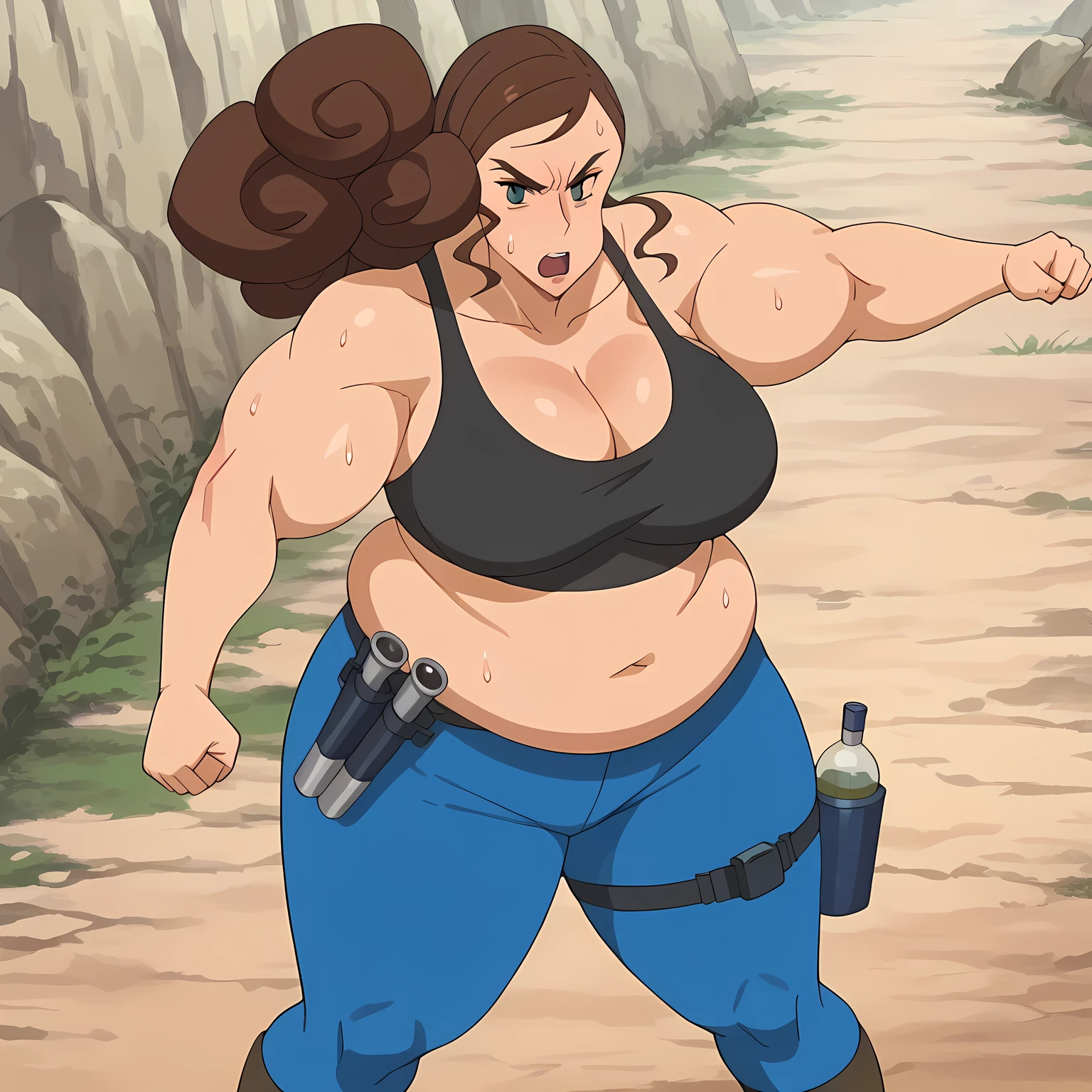 score_9,score_8_up,score_7_up,score_6_up,score_5_up,score_4_up,source_anime,uncensored,anime screencap,1girl,big breasts,BREAK
carorolinasb,black tank top,blue pants, green eyes,looking at viewer, solo,fallout,thigh holster,fighting pose,fist,annoyed,clenched teeth, cleavage, sweat, fat, chubby, obese, gigantic arms and legs, large breasts open mouth, out of breath