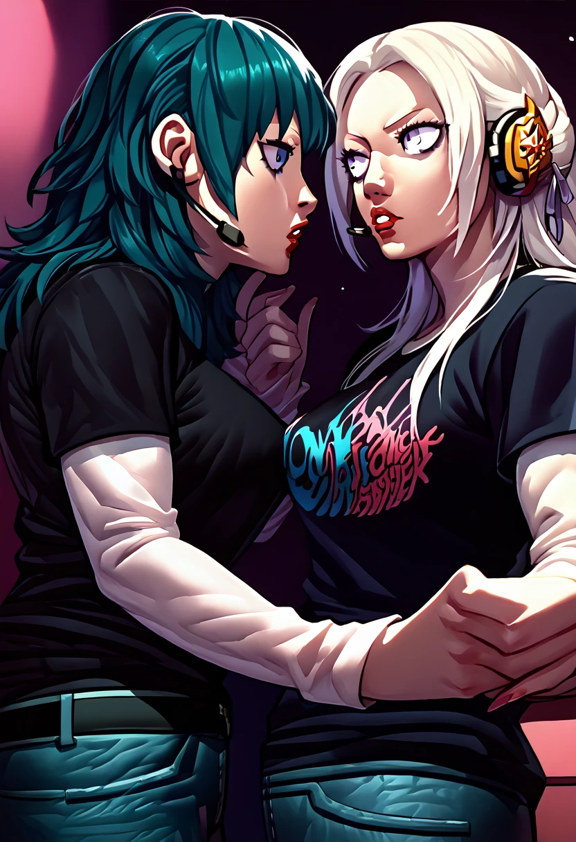 2 girls, lipstick, black t-shirt, clothes writing, layered sleeves, large breasts, jeans, academy Edelgard, Byleth, headset