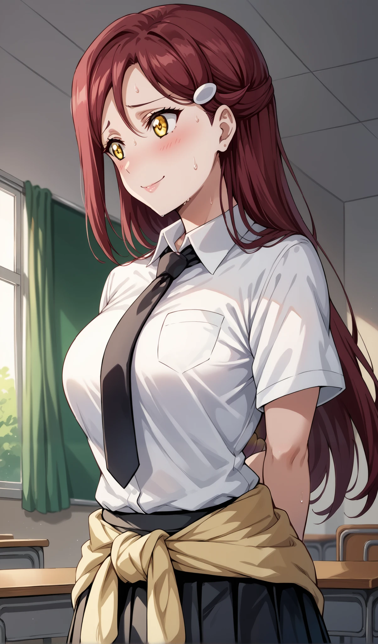 score_9, score_8_up, score_7_up, source_anime, 4K, perfect fingers,
riko sakurauchi, long hair, hair ornament, yellow eyes, red hair, hairclip,large breast,
wearing ((school uniform, white shirt, necktie, black necktie, black skirt, short sleeves, clothes around waist)),,
nervous, nervous smile, blushing, looking to the side, sweat, indoors, bedroom,(Arms Behind Back),