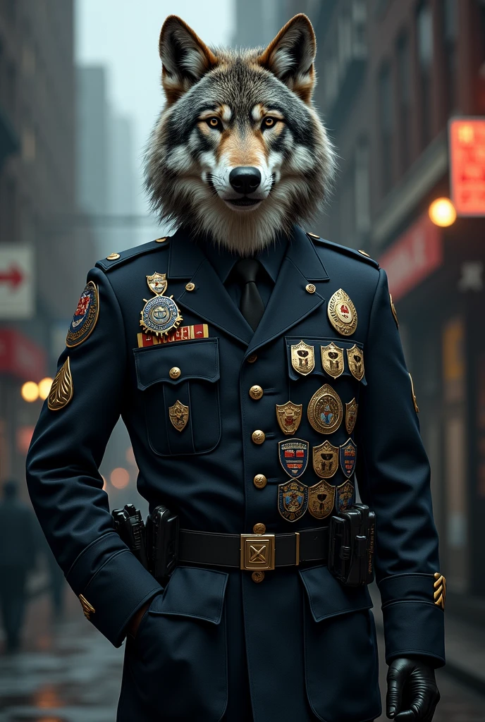 DRAW A WOLF IN A ONE-STATE POLICE SUIT WITH MANY CLOTHING ACHIEVEMENTS