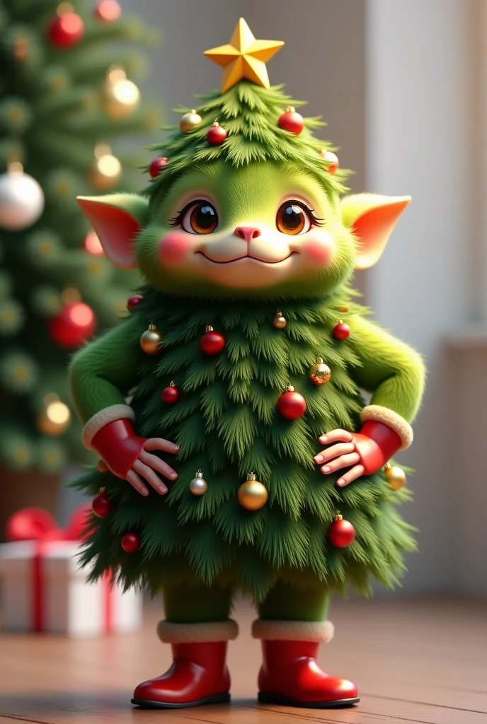 photorealistic portrait of fat chibi  green creature wearing Christmas tree costume,spirit of Christmas tree,(Art by Peter Mohrbacher:1.2),(Christmas theme),(cute),(happy smile:1.2), (elegant),(hands on hips:1.5), high quality,(lovely) ,(highly detailed Christmas tree costume:1.5),Christmas motif accessories,(Christmas tree and ornaments in background:1.5) , ( boots),(Christmas atmosphere), (happy),,(full body image:1.5),(Christmas  room background:1.5), ,score_9, score_8_up, score_7_up, score_6_up, score_5_up, score_4_up,(looking at the camera:1.5)