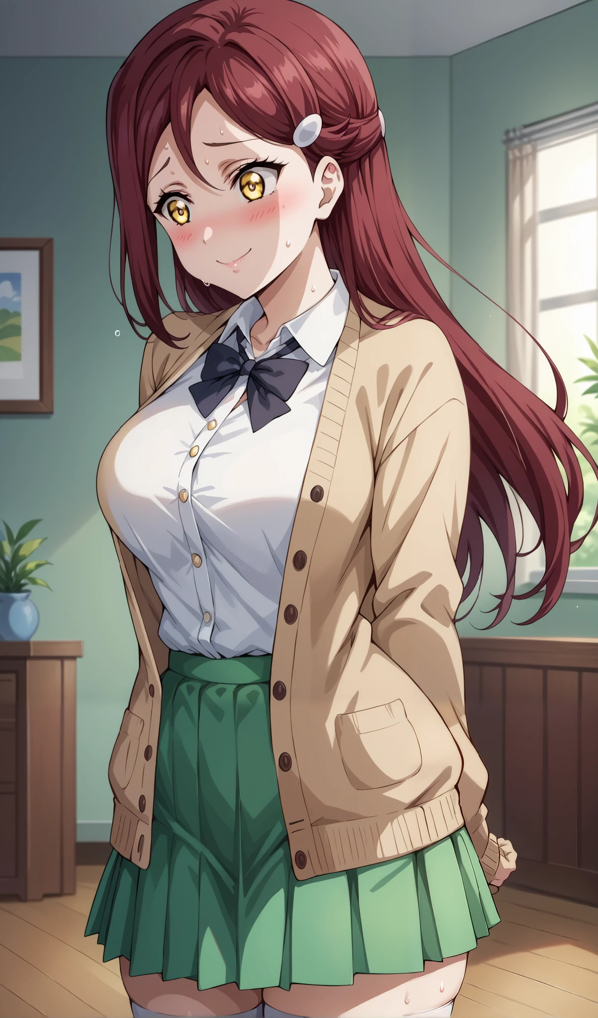 score_9, score_8_up, score_7_up, source_anime, 4K, perfect fingers,
riko sakurauchi, long hair, hair ornament, yellow eyes, red hair, hairclip,large breast,
wearing ((Black long cardigan,open cardigan,whiteshirt,Light green skirt,white thighhig, Open jacket)),,
nervous, nervous smile, blushing, looking to the side, sweat, indoors, bedroom,(Arms Behind Back),