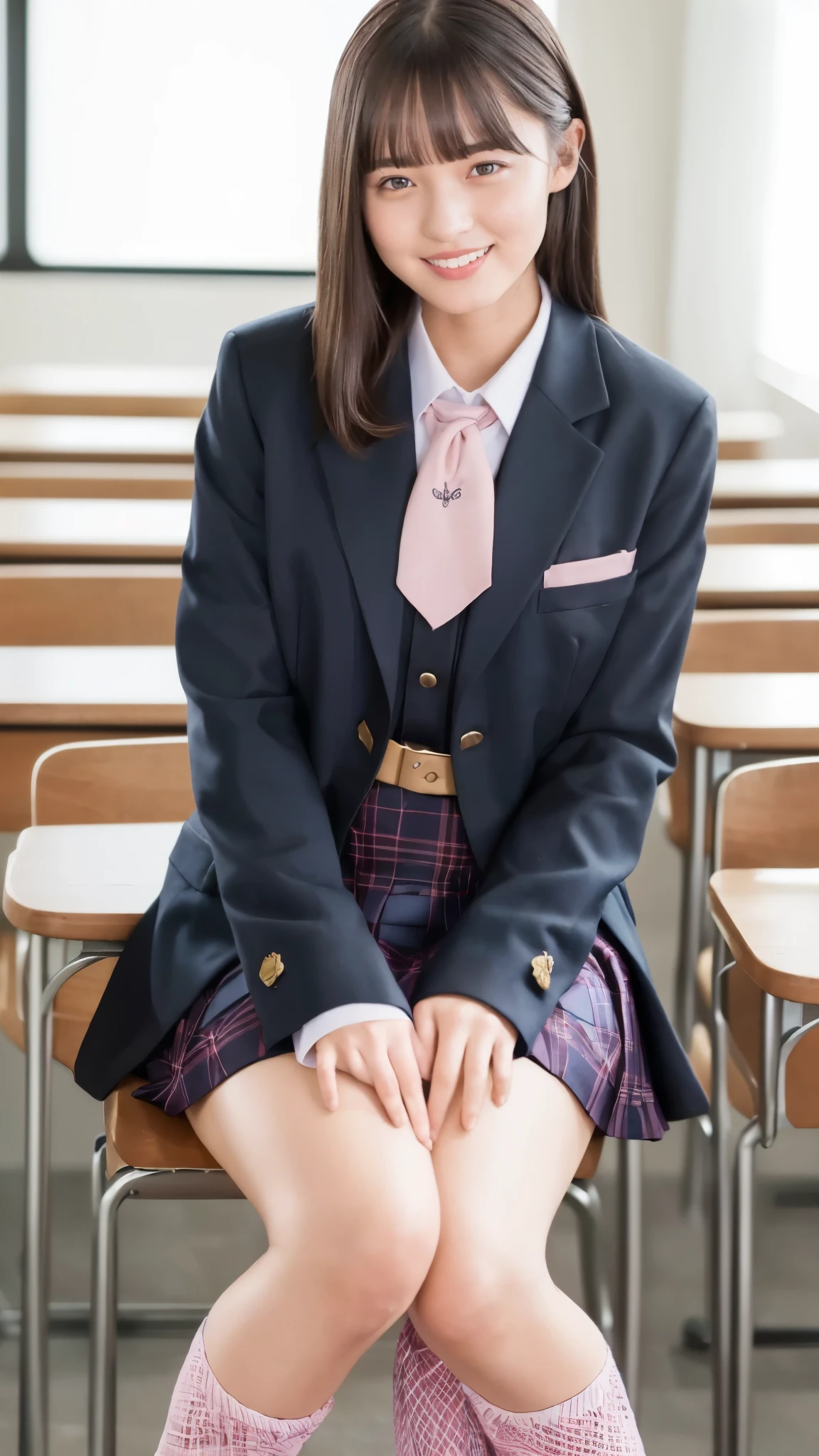 (Highest quality, 4K, 8k, High resolution, masterpiece, Genuine, Realistic, Realistic:1.3), (upper body), Girl sitting on the school desk in classroom, blue neckerchief Uniform, Dark Blown Blazer, blown plaid skirt, Gal Makeup, wearing oversize dark sweater amd white collared shirts, dark black pantyhose, ((pink hair)), Gold Bracelets, 19-year-old, bangs, grin,Thighs, knees, From below, pinching skirt:0.7, black long socks, open legs:0.8,