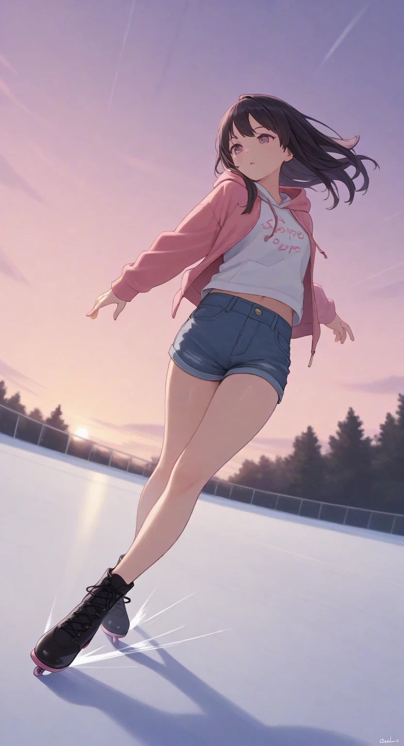 masterpiece, best quality, 1girl, long hair, motion lines, denim shorts, open jacket, hoodie, skating, skating boots, from bellow, dynamic angle, dynamic pose, sky, outdoors, looking at other, nai3_kawaii
