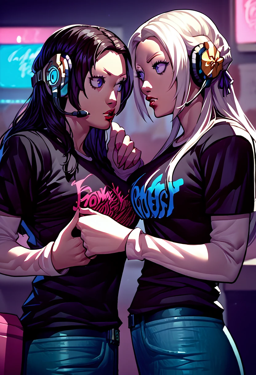 2 girls, lipstick, black t-shirt, clothes writing, layered sleeves, large breasts, jeans, academy Edelgard, Dorothea Arnault, headset