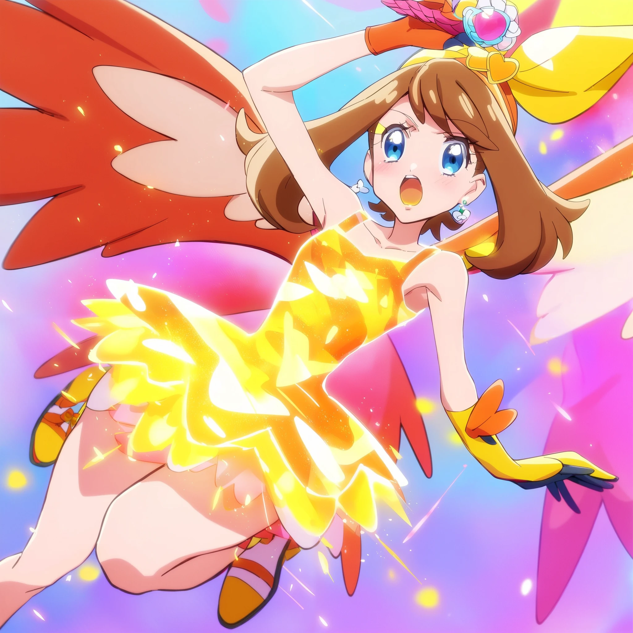 score_9,score_8_up,score_7_up,score_6_up,score_5_up,score_4_up, Wonderfulprecure, 1girl, solo, glowing body, open mouth, may/(pokemon/), sidelocks, brown hair, blue eyes,  holding, arm up, armpit rose blush pink eyes yellow lips Black hair dress gloves shoes hairpiece, and earring Topping Brilliant Cure Felice Simplified Dress Extra Wings, phoenix tail Red hair white mini-dress has bell flower orange bows big white wing-like clips beloved pair of blades a small witch hat and pearly earring