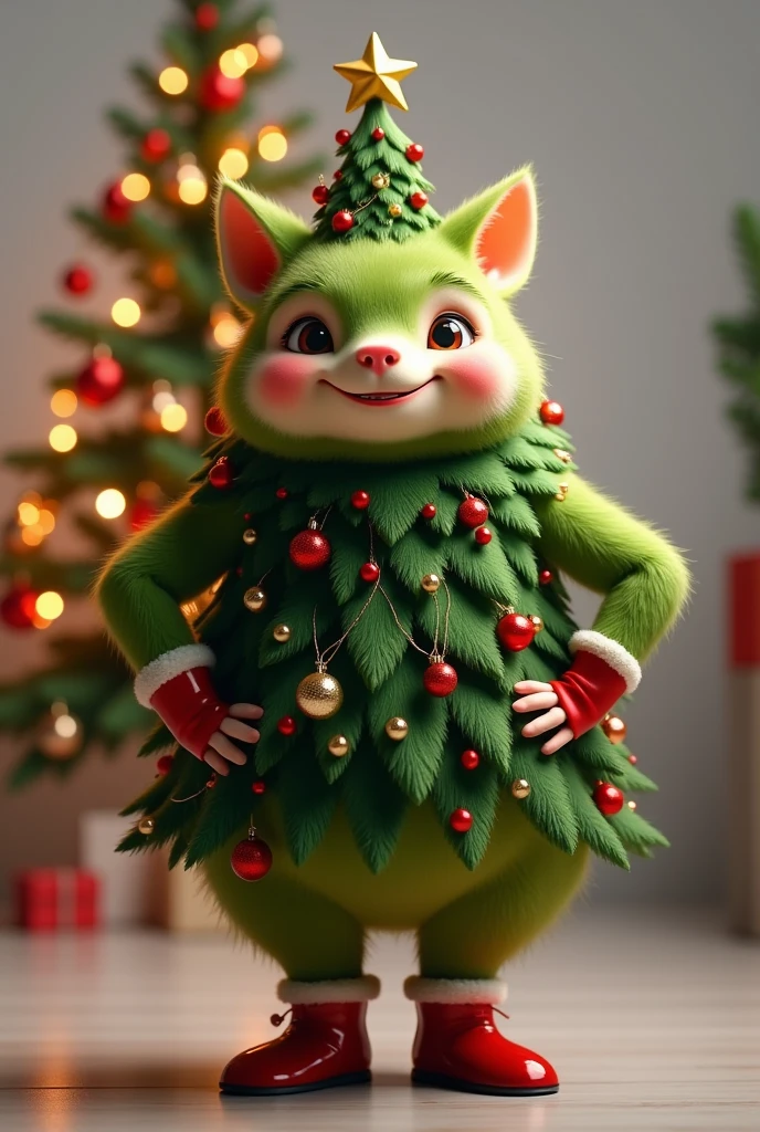 photorealistic portrait of fat chibi  green creature wearing Christmas tree costume,spirit of Christmas tree,(Art by Peter Mohrbacher:1.2),(Christmas theme),(cute),(happy smile:1.2), (elegant),(hands on hips:1.5), high quality,(lovely) ,(highly detailed Christmas tree costume:1.5),Christmas motif accessories,(Christmas tree and ornaments in background:1.5) , ( boots),(Christmas atmosphere), (happy),,(full body image:1.5),(Christmas  room background:1.5), ,score_9, score_8_up, score_7_up, score_6_up, score_5_up, score_4_up,(looking at the camera:1.5)