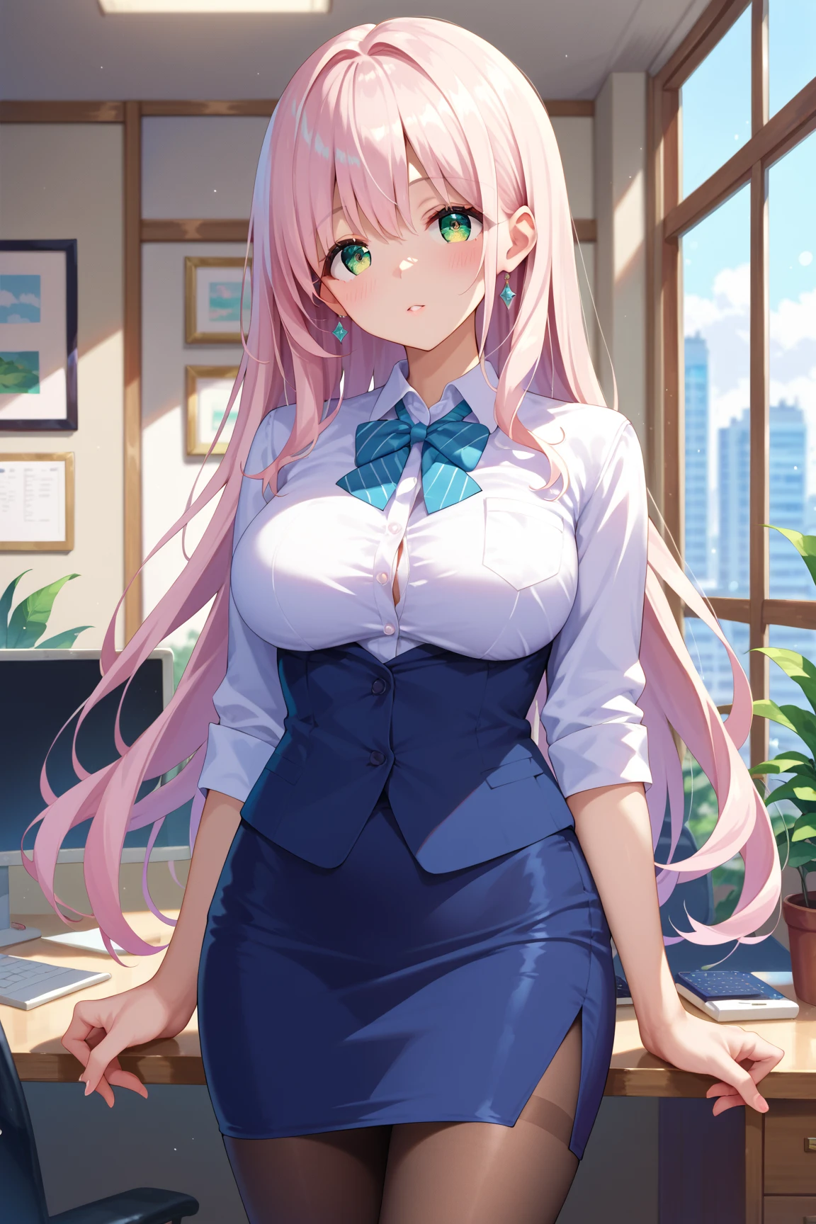 ((masterpiece, best)),(1girl),((mature woman)), light pink hair, dizzy, trumpet, ((office lady)), bangs, mid-chest, (full), slim, smiling, [wide hips] ,office,standing, aru \(blue archive\),