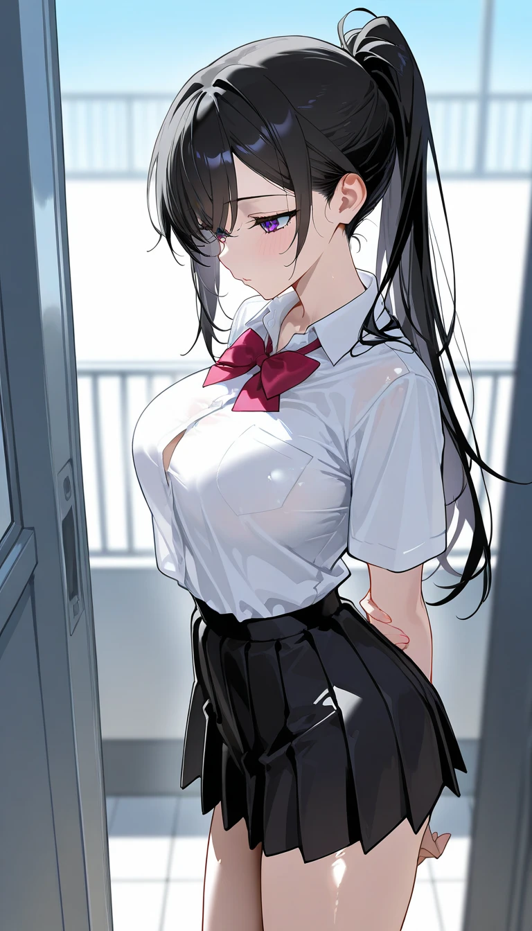 ((best quality)), ((Masterpiece)), (Details), 1girl, black middle hair, ponytail, slender, middle breasts, school uniform, gleaming skin, nsfw